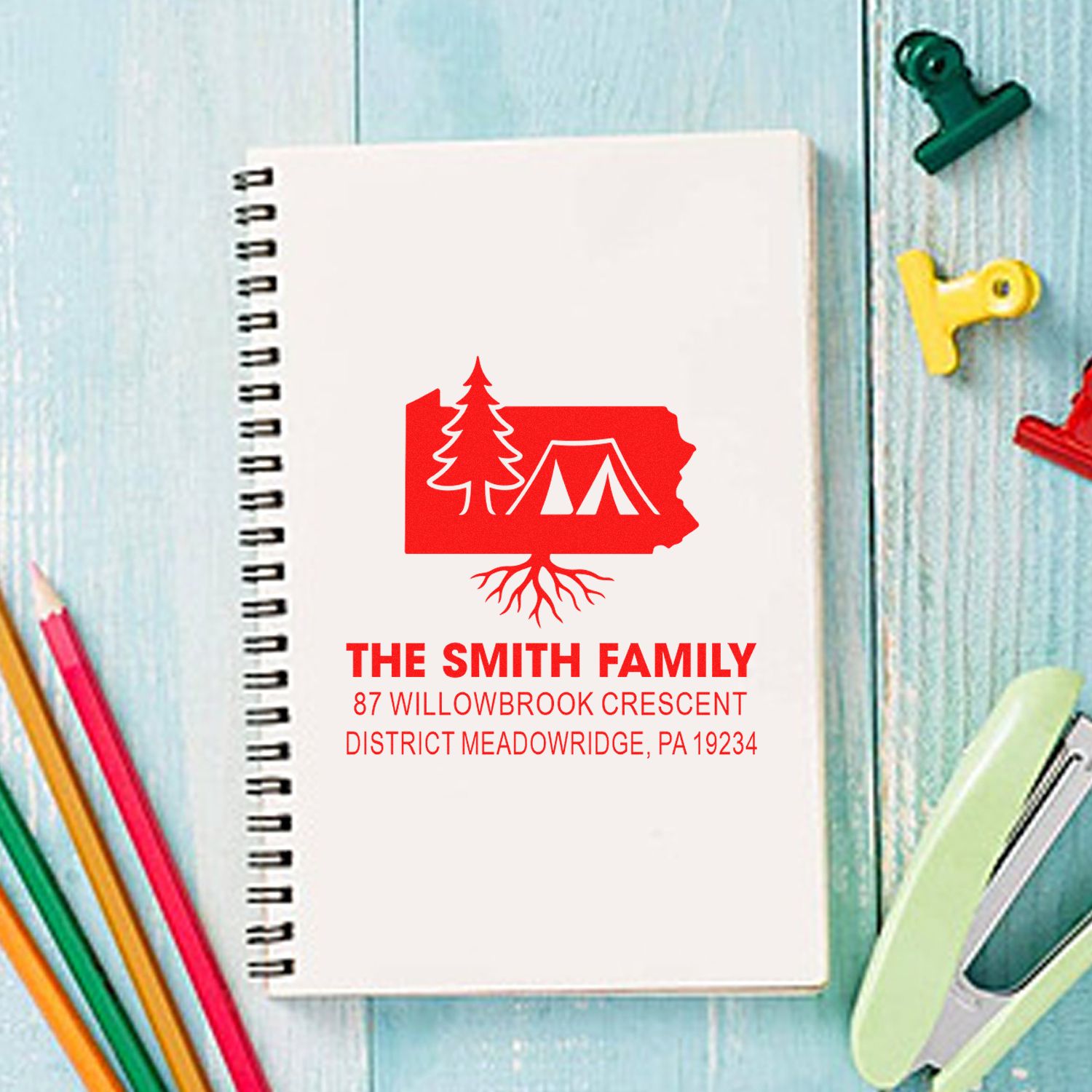 Personalized return address rubber stamp with camping tree and tent design for The Smith Family in Pennsylvania.