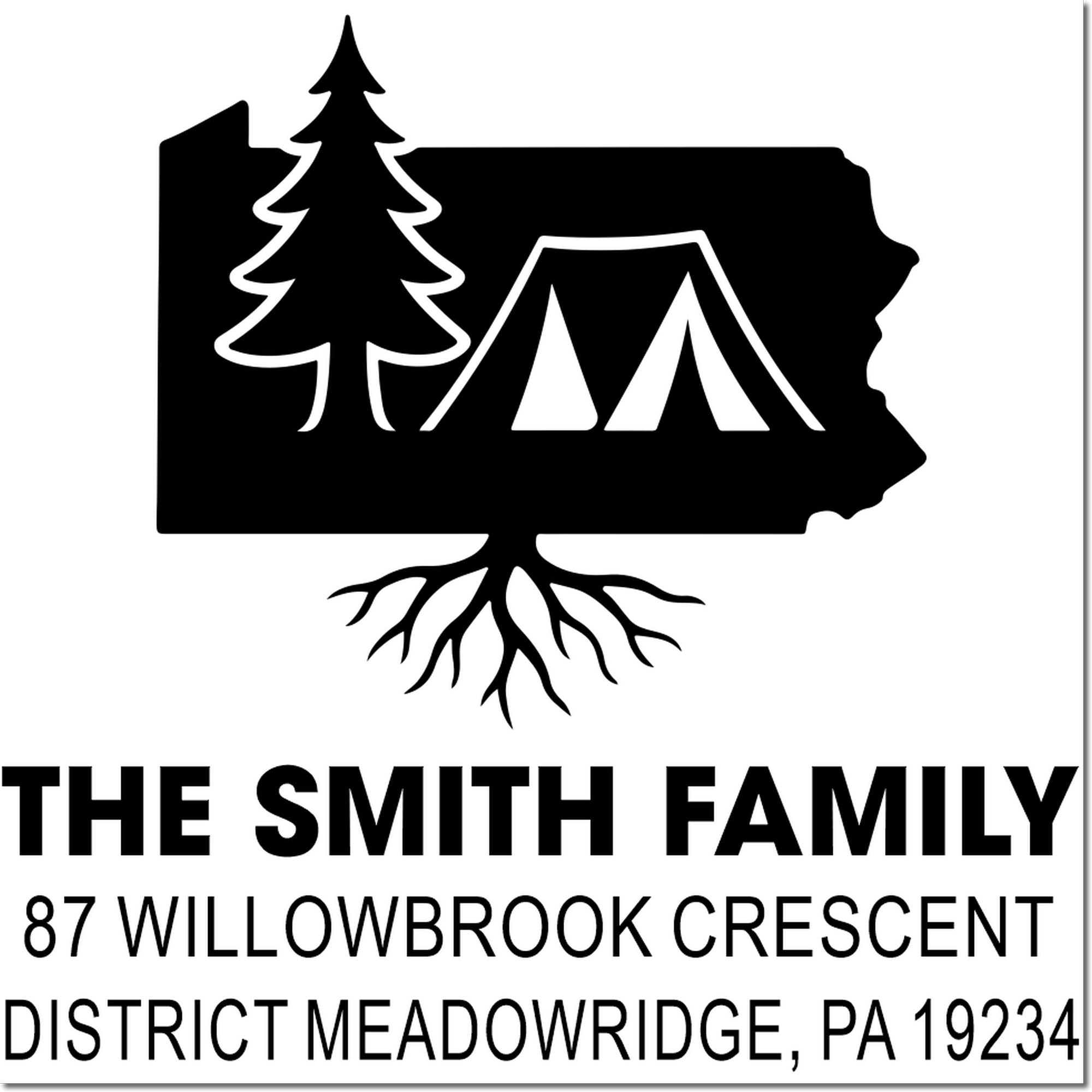 Custom Pennsylvania family address rubber stamp with pine tree and tent logo for The Smith Family, Meadowridge, PA 19234