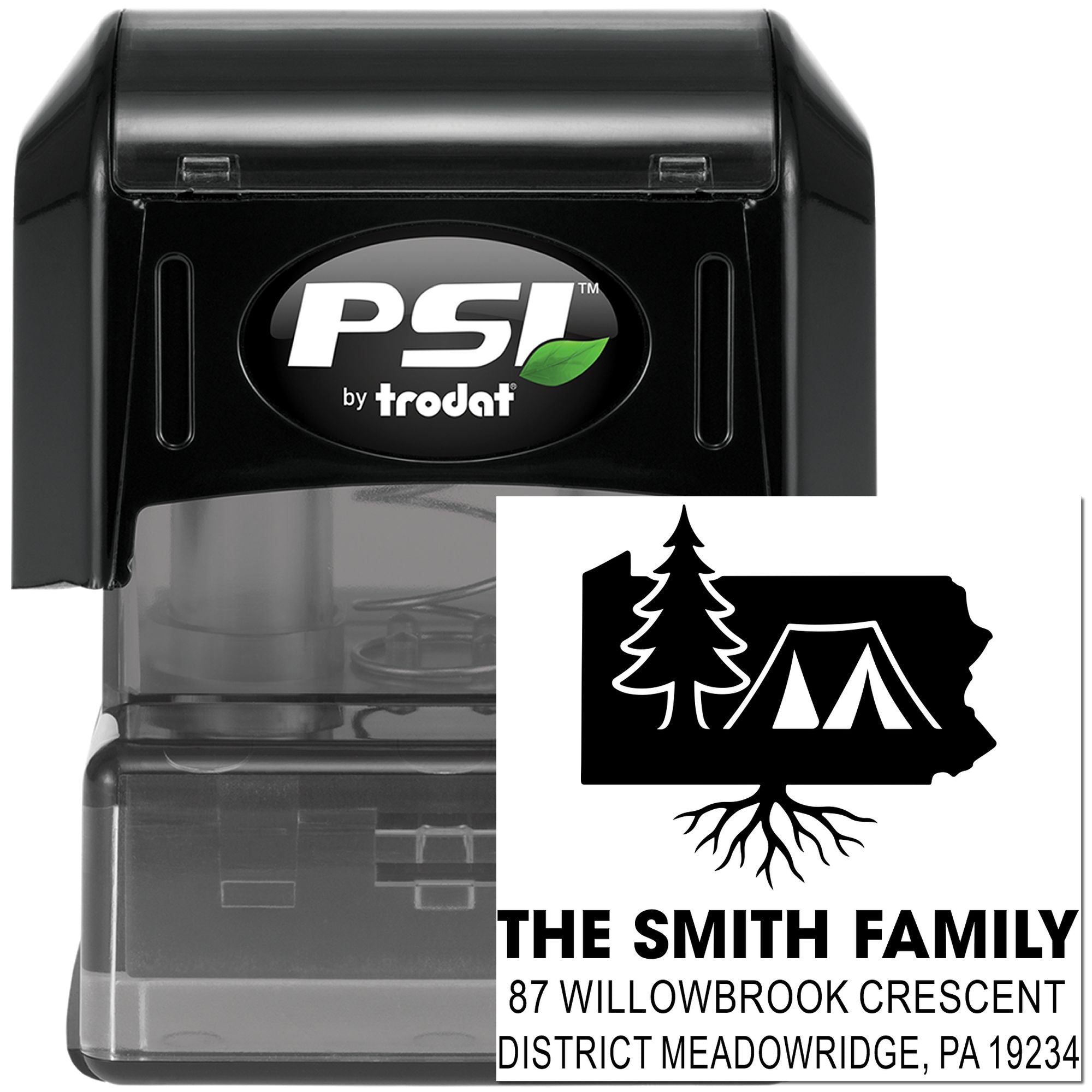 Custom self-inking return address rubber stamp with Pennsylvania camping design for The Smith Family.