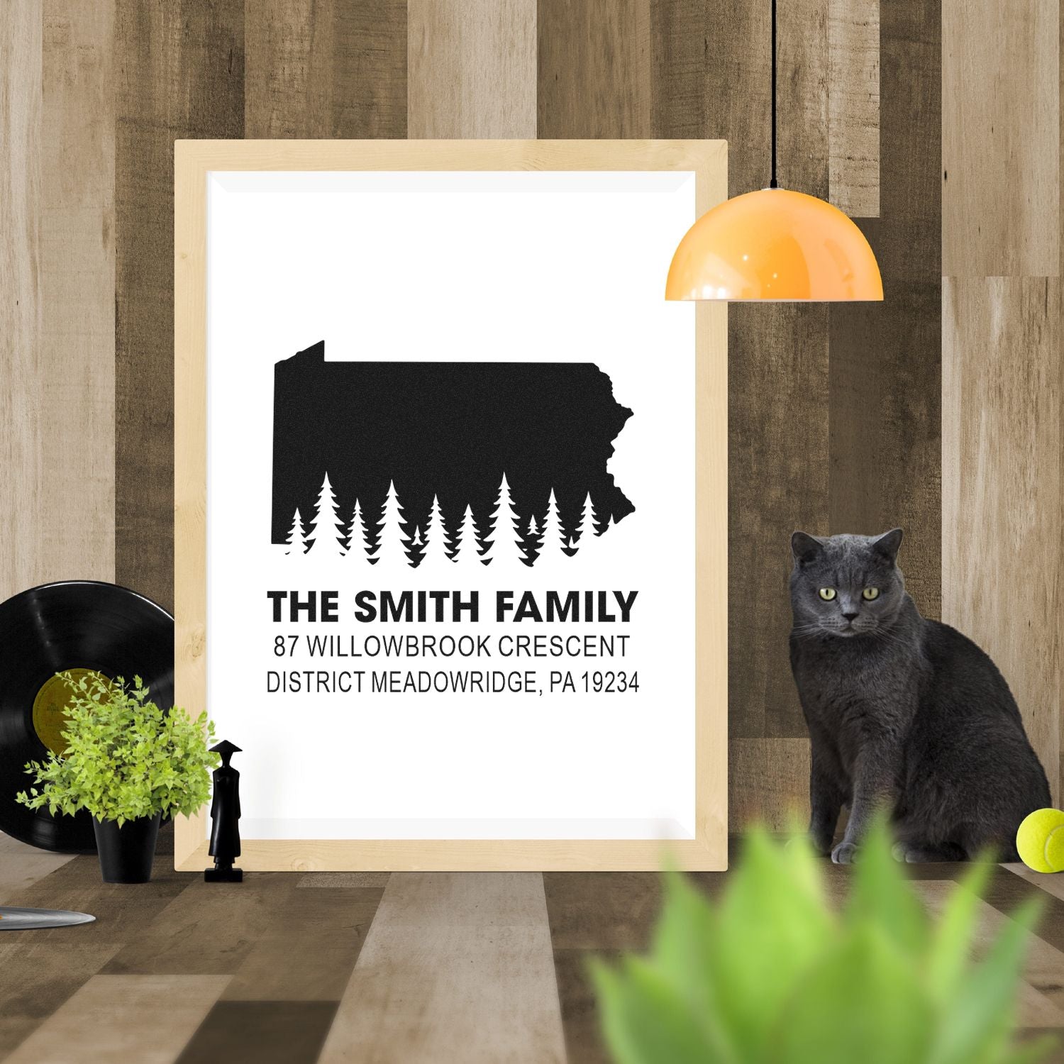 Custom Pennsylvania family return address rubber stamp with pine tree design for wedding invites and home mail.