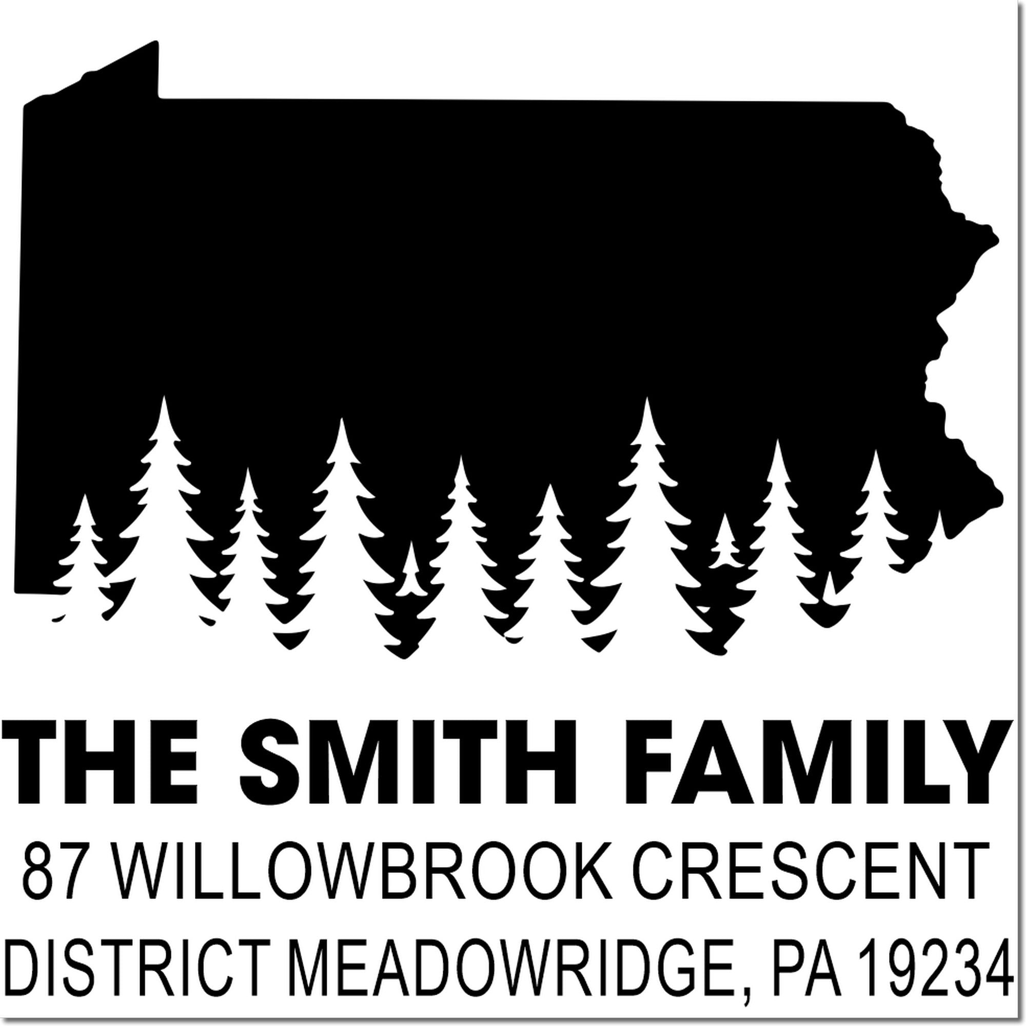 Custom Pennsylvania return address rubber stamp with pine tree border for The Smith Family, Meadowridge, PA