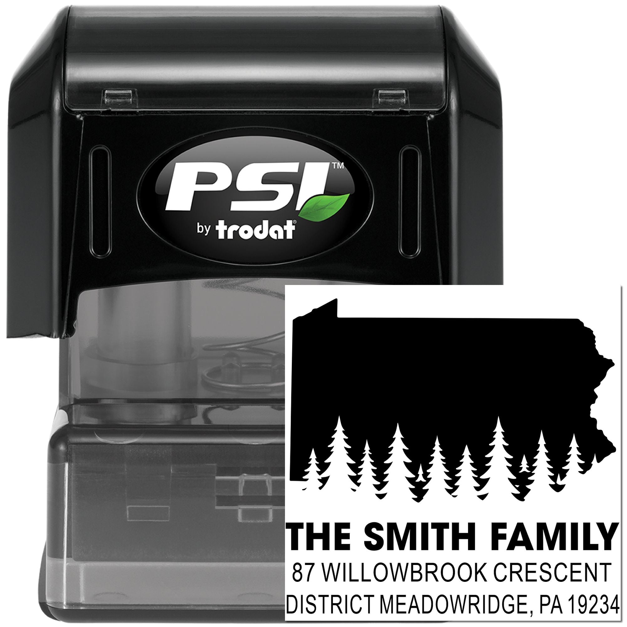 PSI by Trodat self-inking custom return address rubber stamp with Pennsylvania state silhouette.