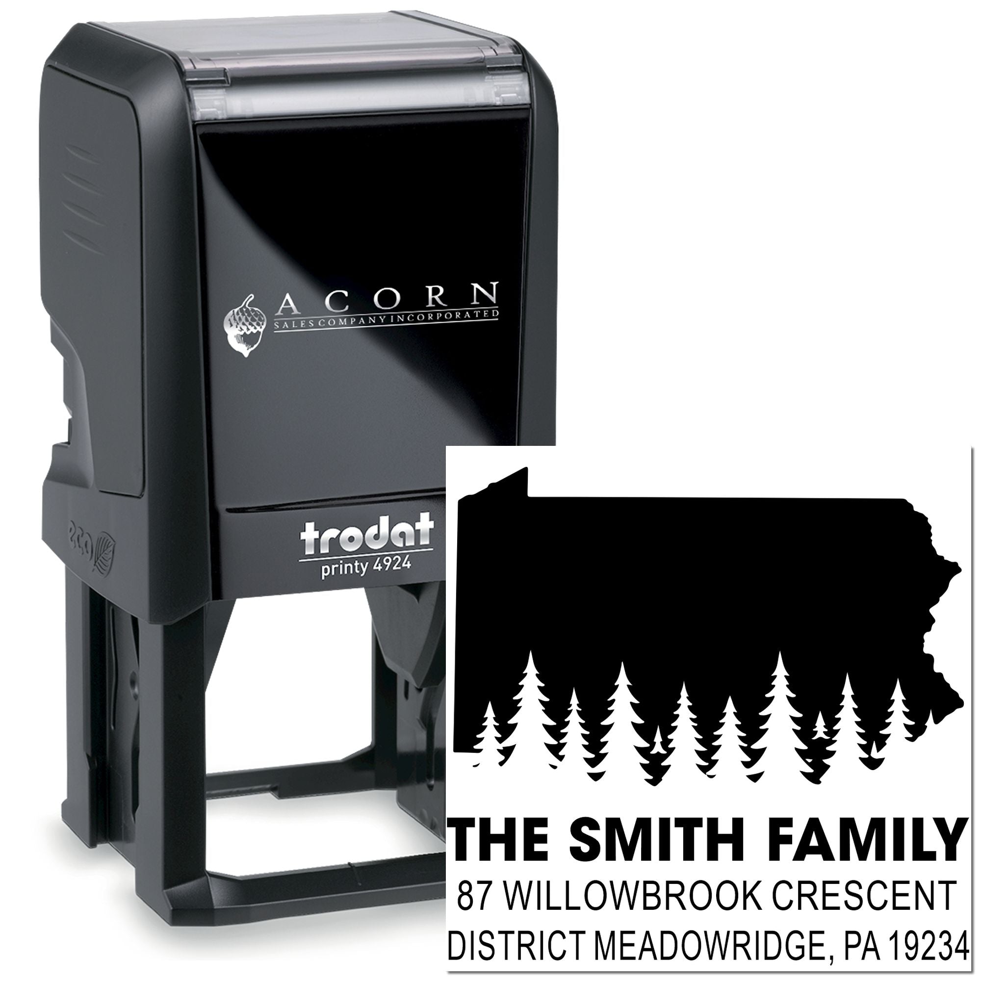 Custom self-inking return address rubber stamp for The Smith Family, with Pennsylvania pine silhouette.