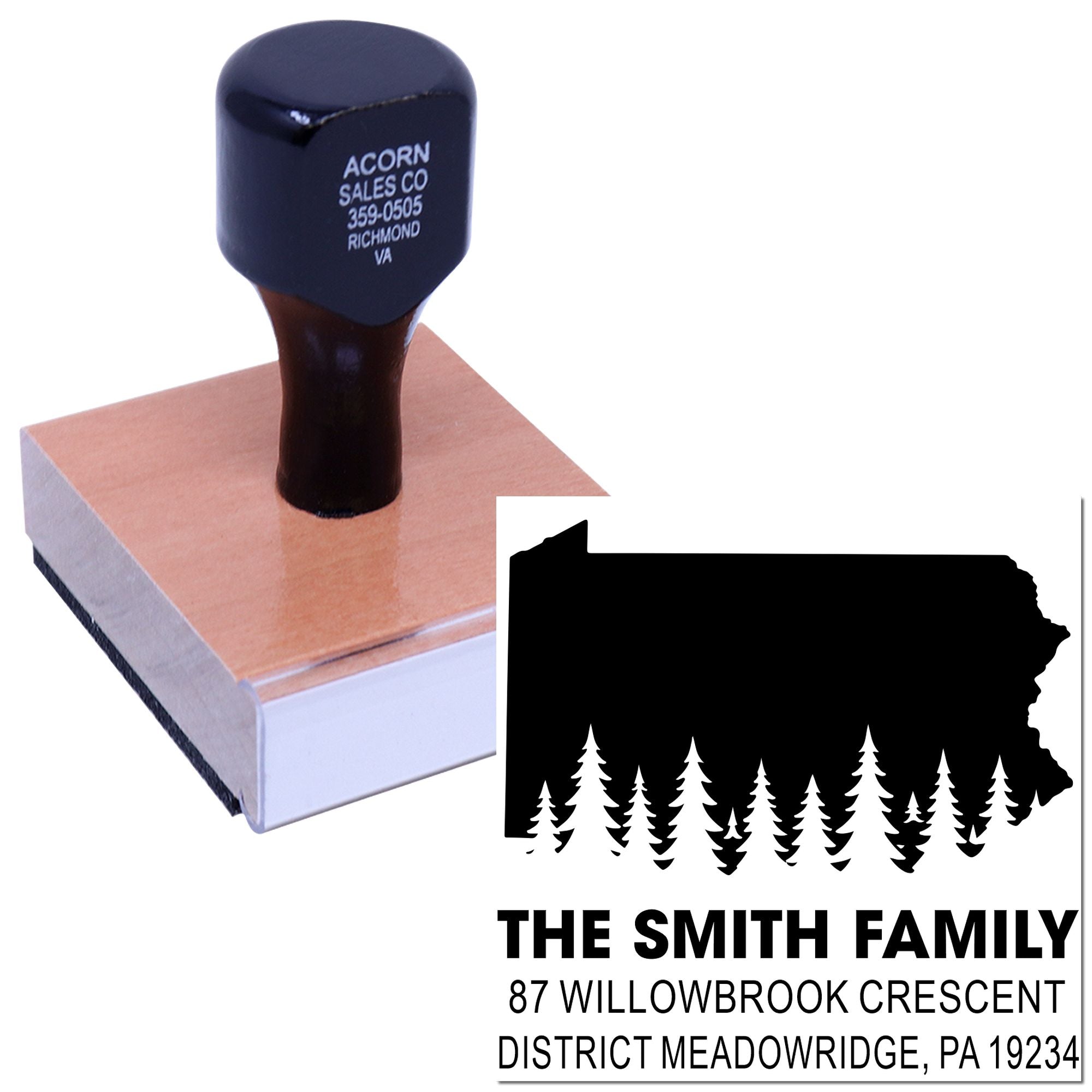 Custom rubber address stamp with family name, state silhouette, and return address for mailing and stationery.