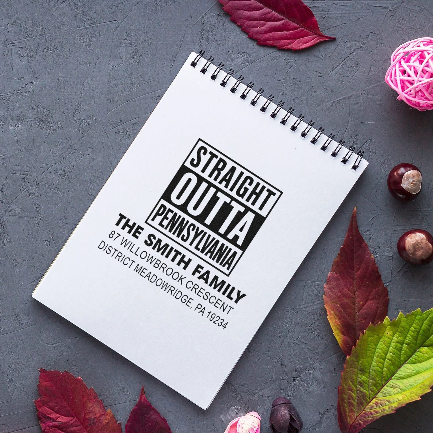 Custom rubber stamp design for return addresses, featuring a Straight Outta Pennsylvania family name and mailing address.
