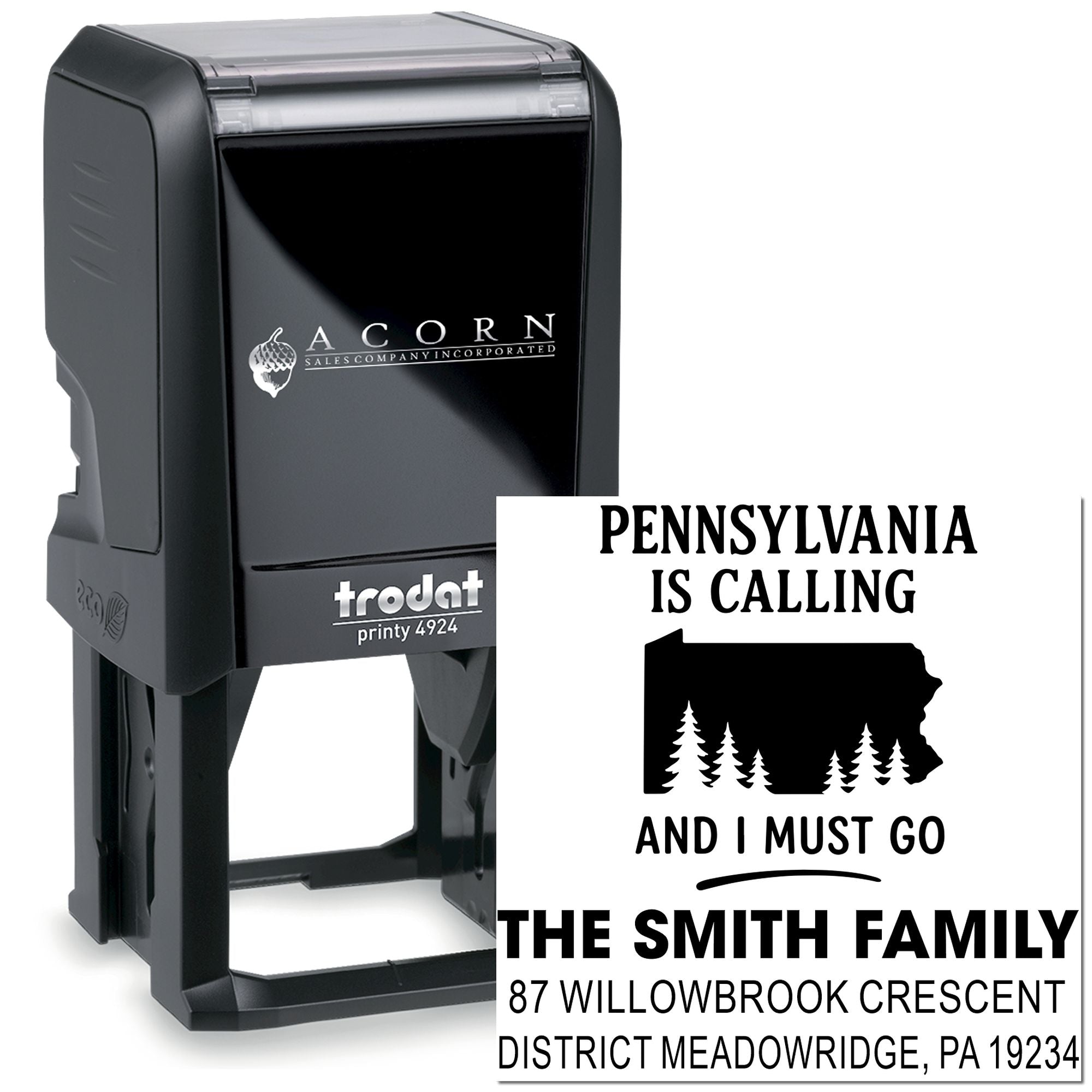 Personalized self-inking rubber stamp featuring Pennsylvania is calling design and family address imprint for home use