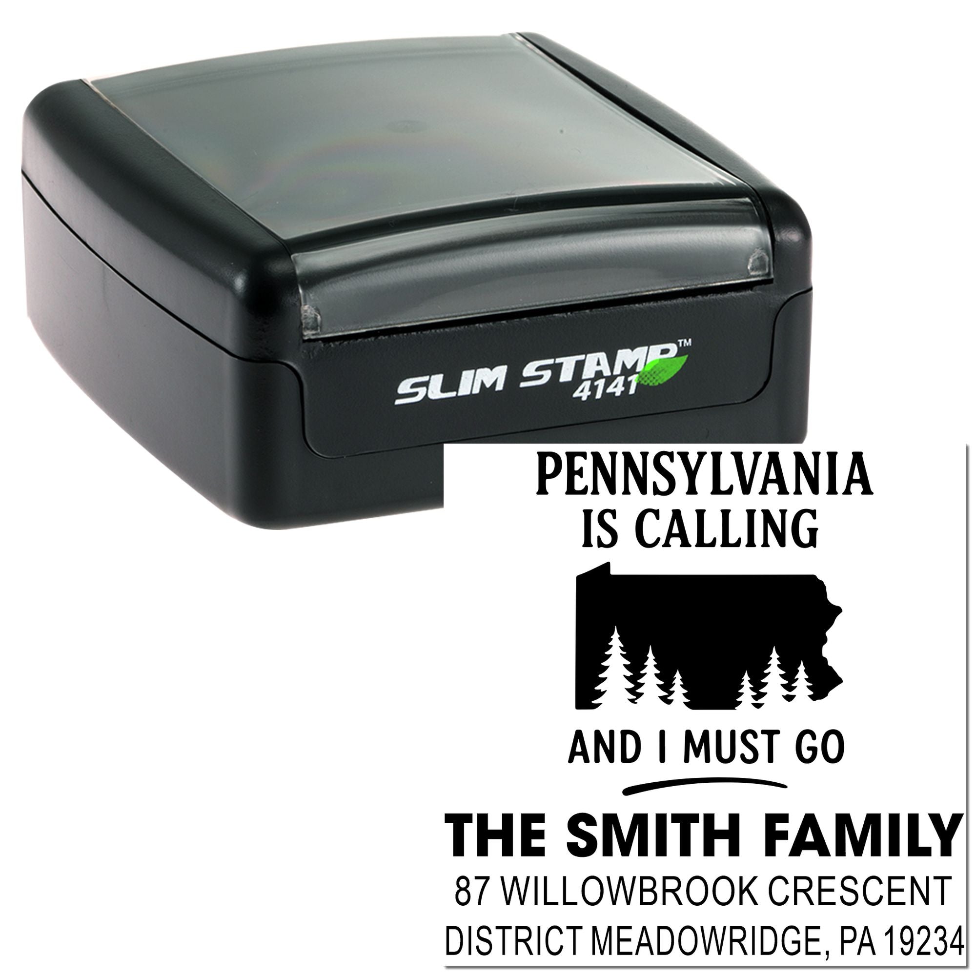 Custom self-inking rubber stamp with Pennsylvania-themed family address design for personalized mailings.