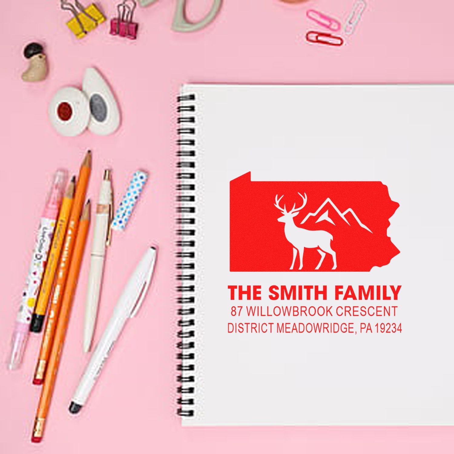 Custom rubber address stamp with deer and mountain Pennsylvania design, personalized for The Smith Family return address.