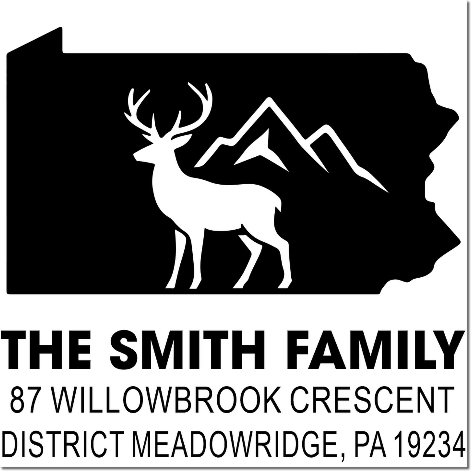 Custom Pennsylvania deer return address rubber stamp for The Smith Family, 87 Willowbrook Crescent, Meadowbridge, PA 19234