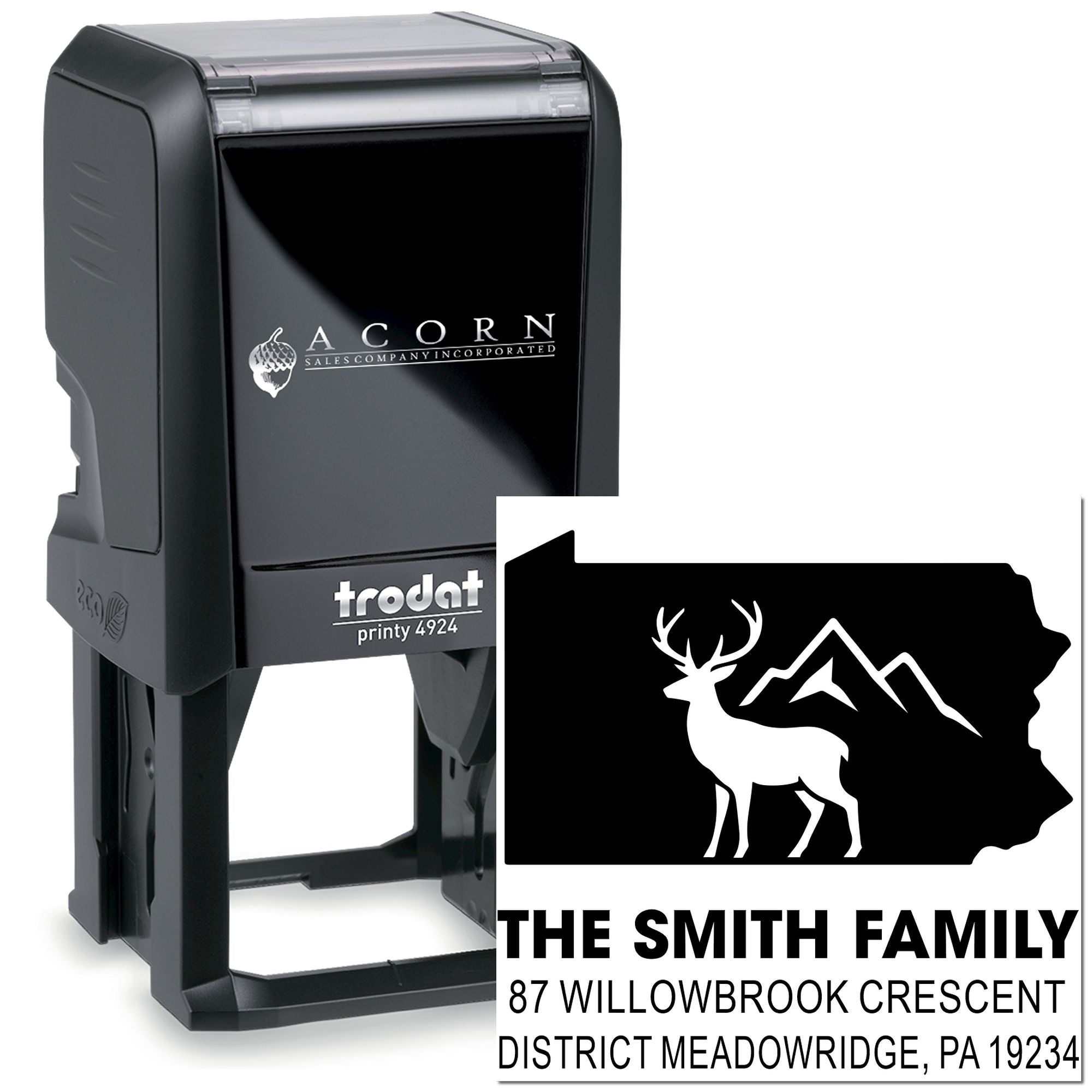 Custom self-inking address rubber stamp with deer and mountain Pennsylvania design, featuring family name and address
