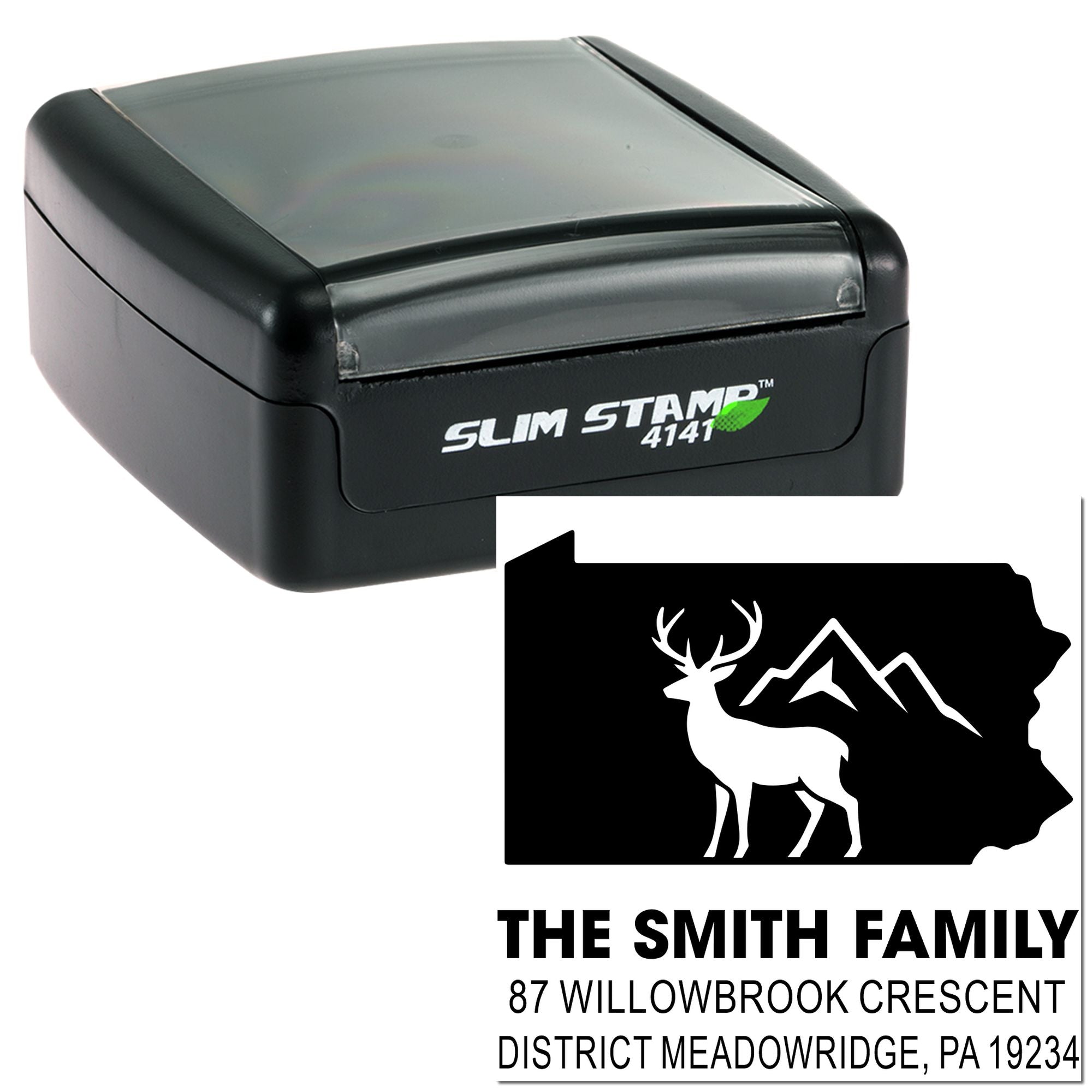 Custom self-inking Slim Stamp 4141 personalized address rubber stamp for The Smith Family with deer and mountain design.