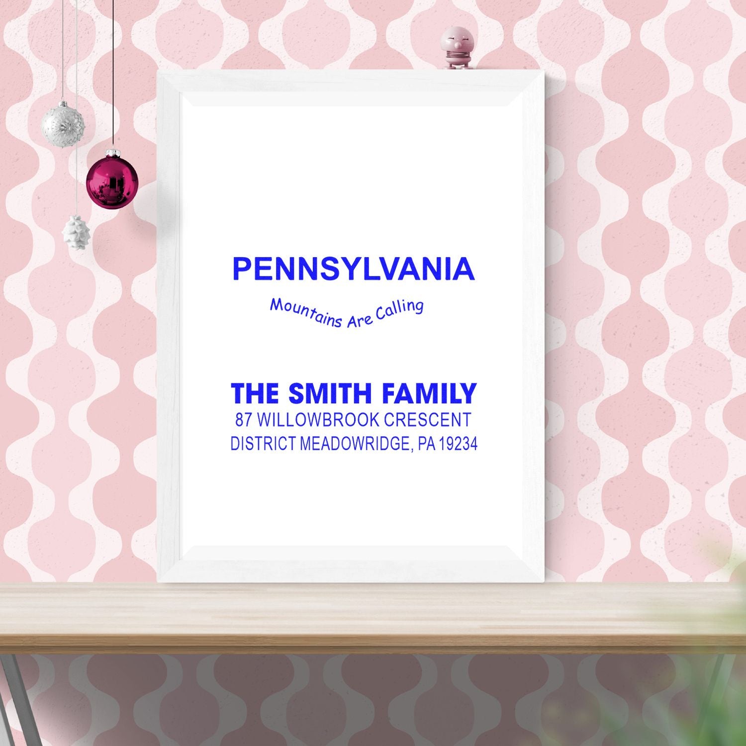Personalized Pennsylvania return address stamp for The Smith Family with Mountains Are Calling text.