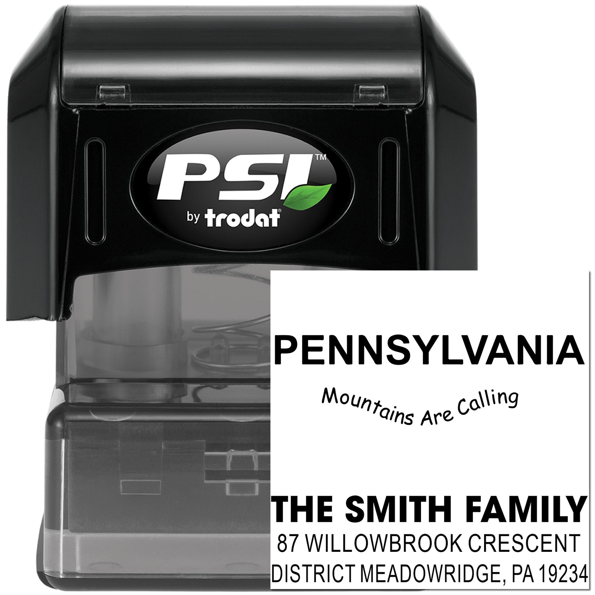 PSI by Trodat custom self-inking rubber stamp for address labels and personalized family mailings.
