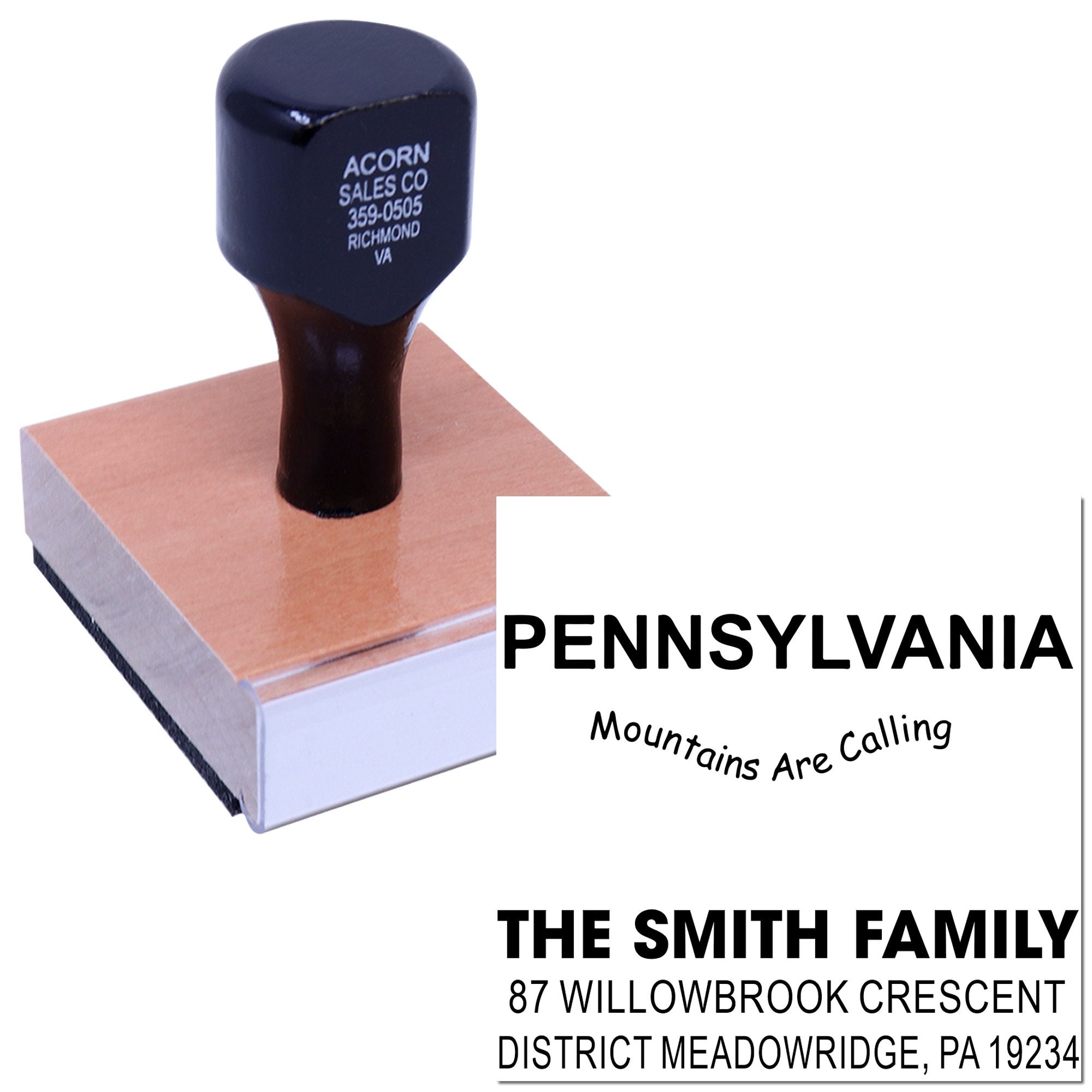 Custom rubber stamp with sample address stamp and personalized family stamp designs, including Pennsylvania themed imprint text.