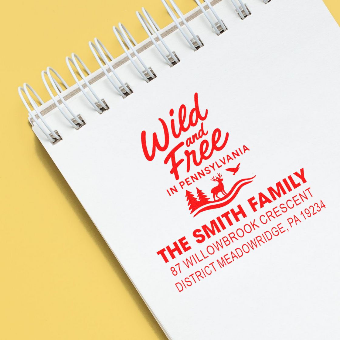 Custom rubber return address stamp with Wild and Free in Pennsylvania design for family mail, packaging, and stationery.
