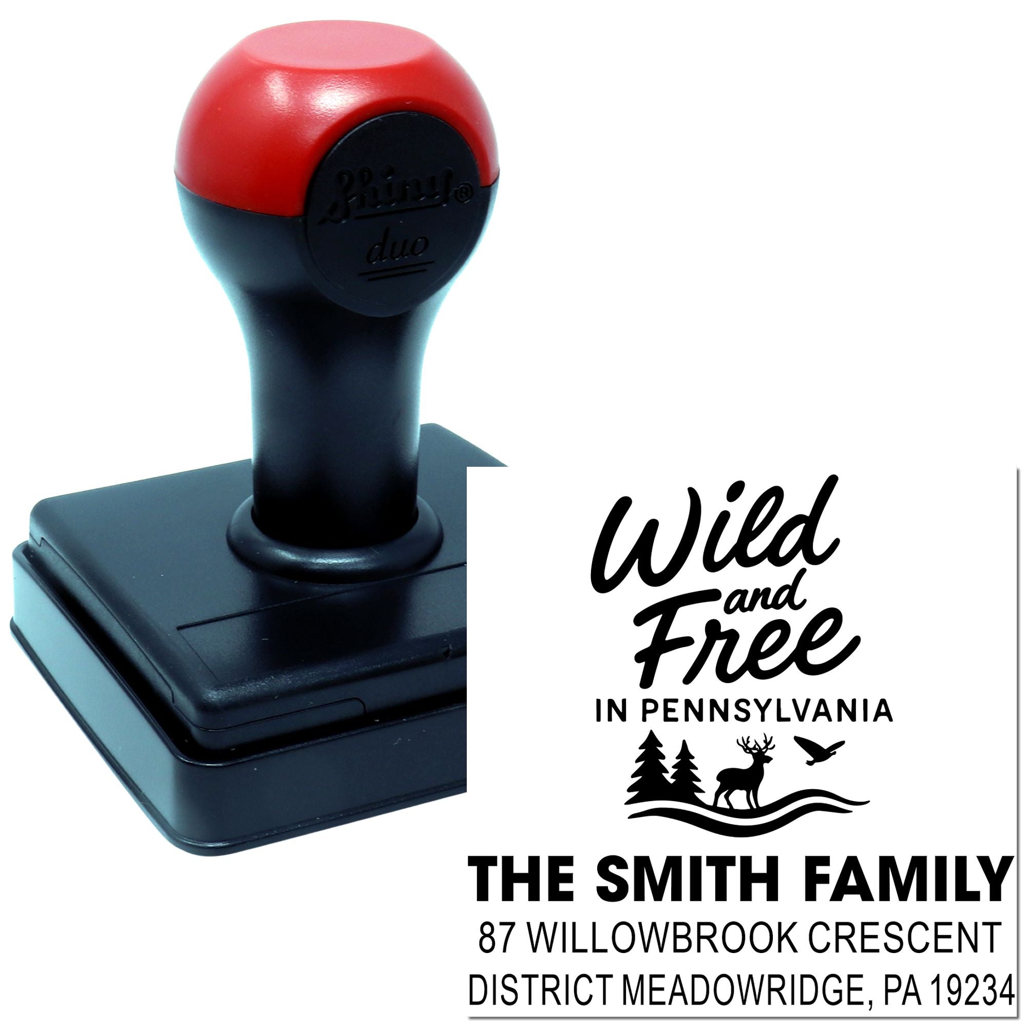 Personalized self-inking rubber address stamp with Wild and Free in Pennsylvania family design for custom mailing and crafts