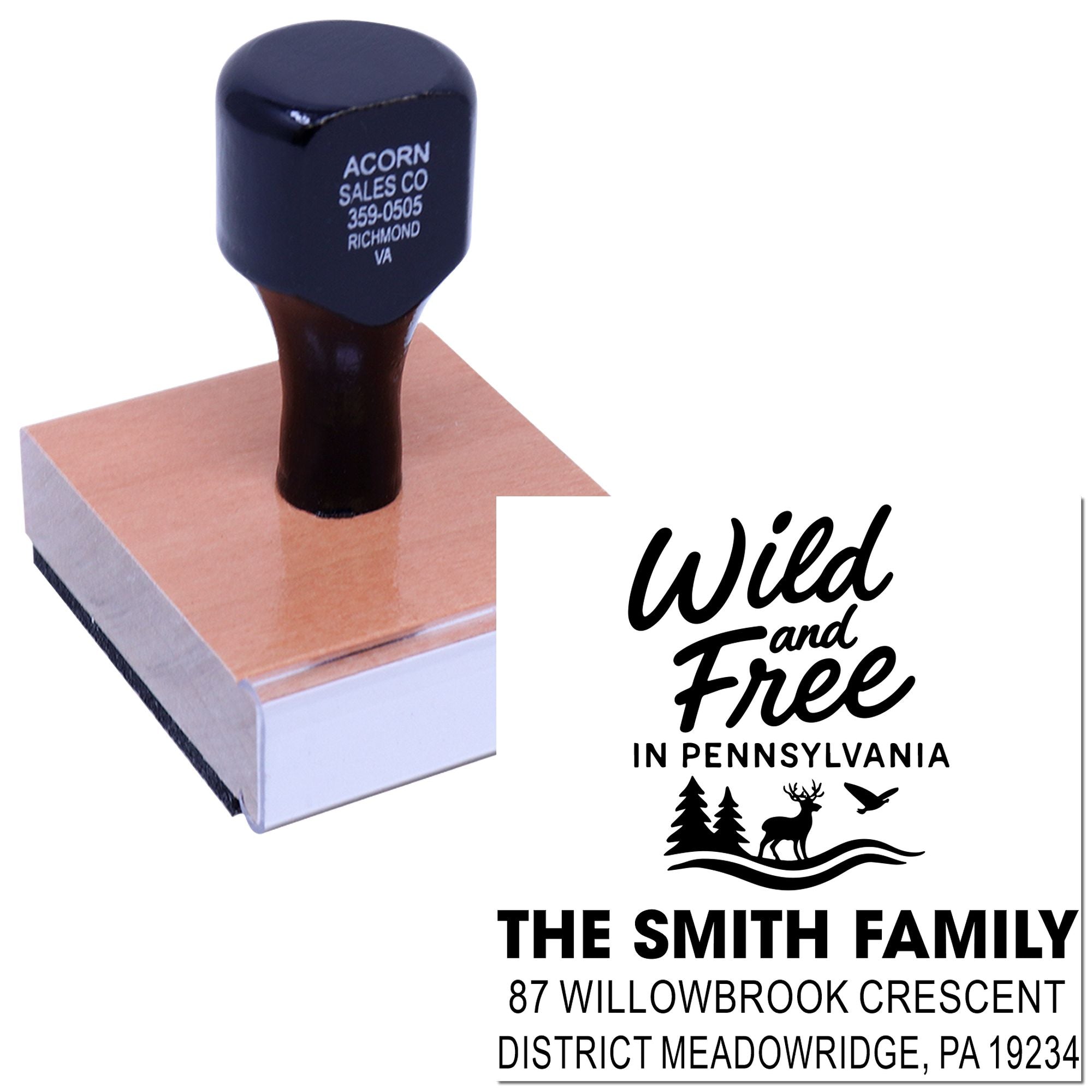 Custom family return address rubber stamp with Wild and Free in Pennsylvania design for mail, crafts, and branding.