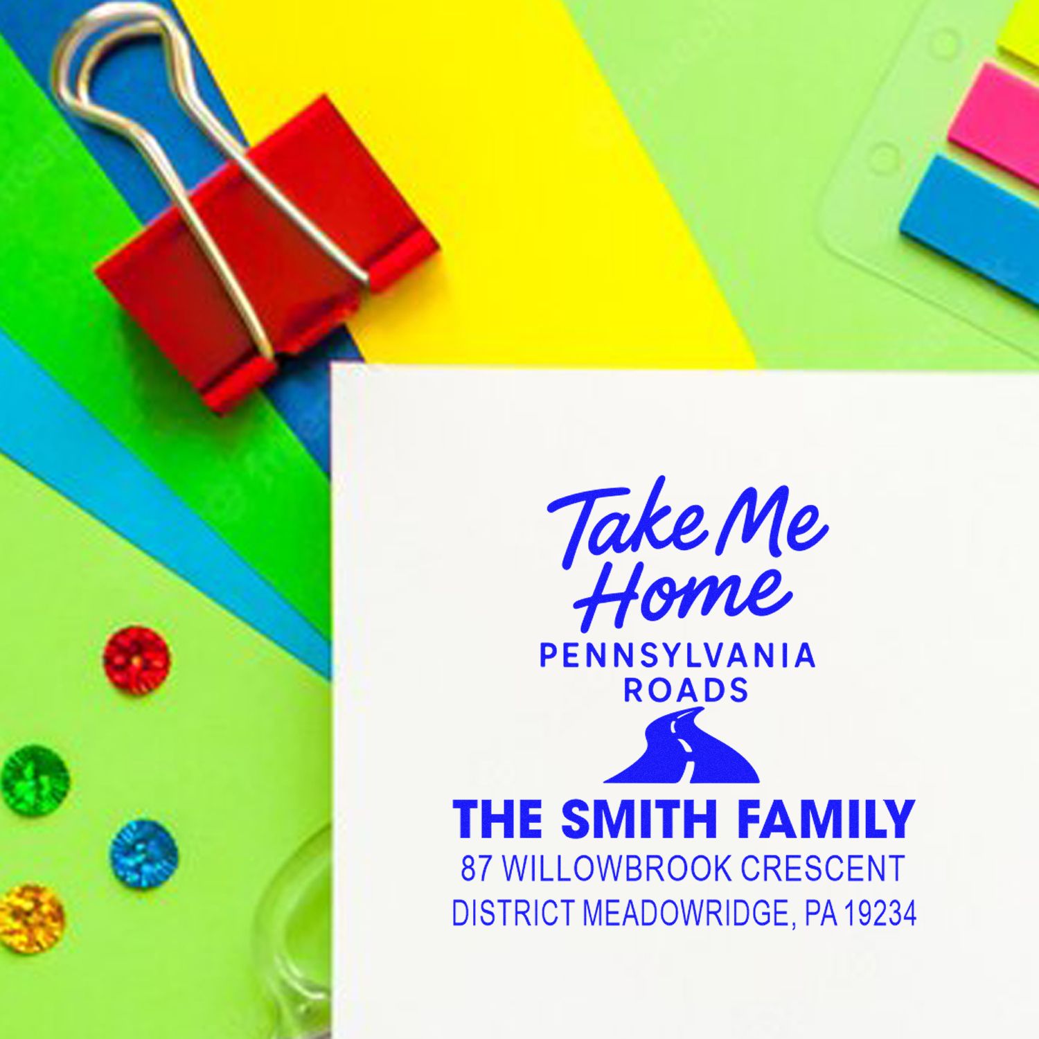 Custom return address rubber stamp with Take Me Home Pennsylvania Roads design for The Smith Family mail.