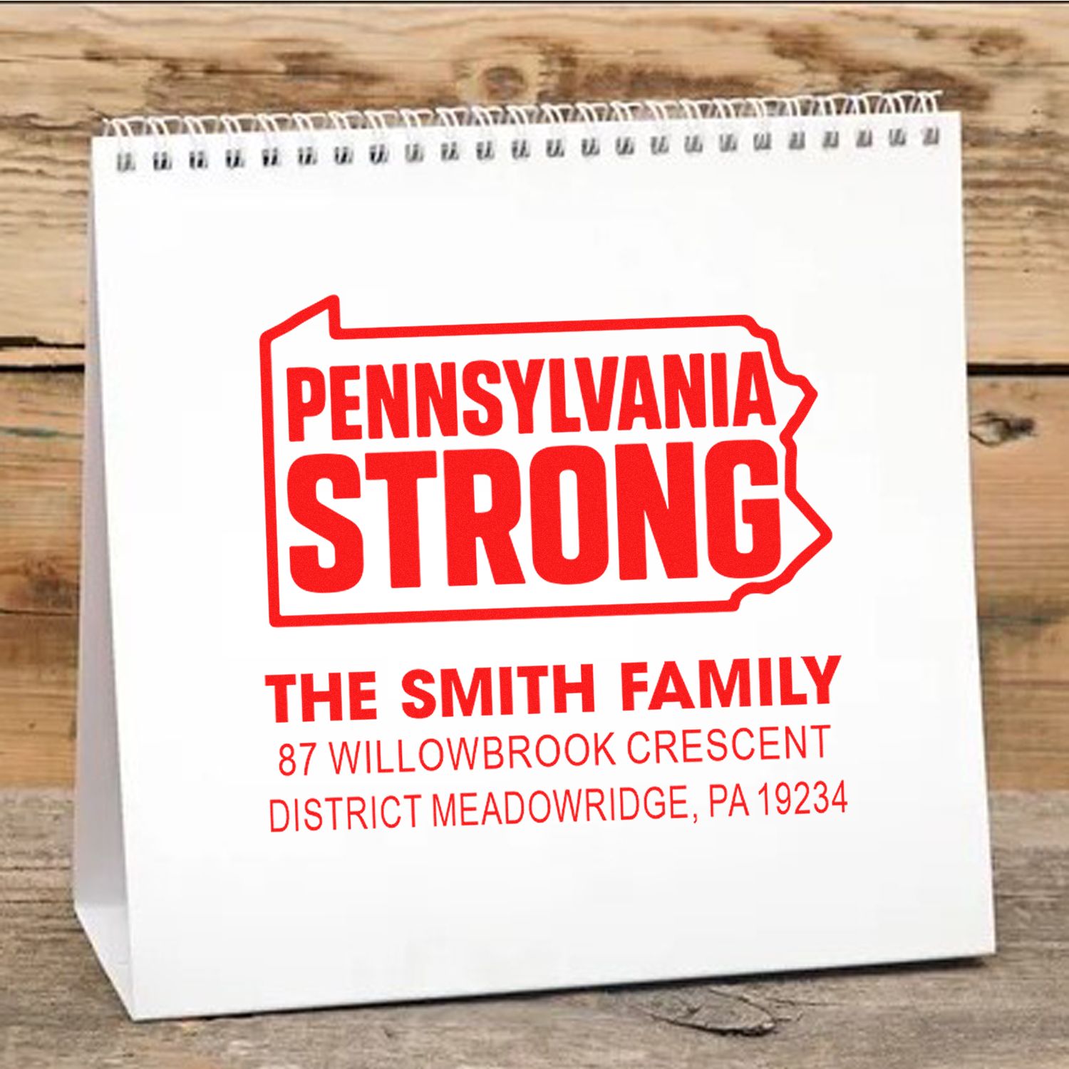 Personalized Pennsylvania Strong rubber stamp design with family name and address for custom gift bags.