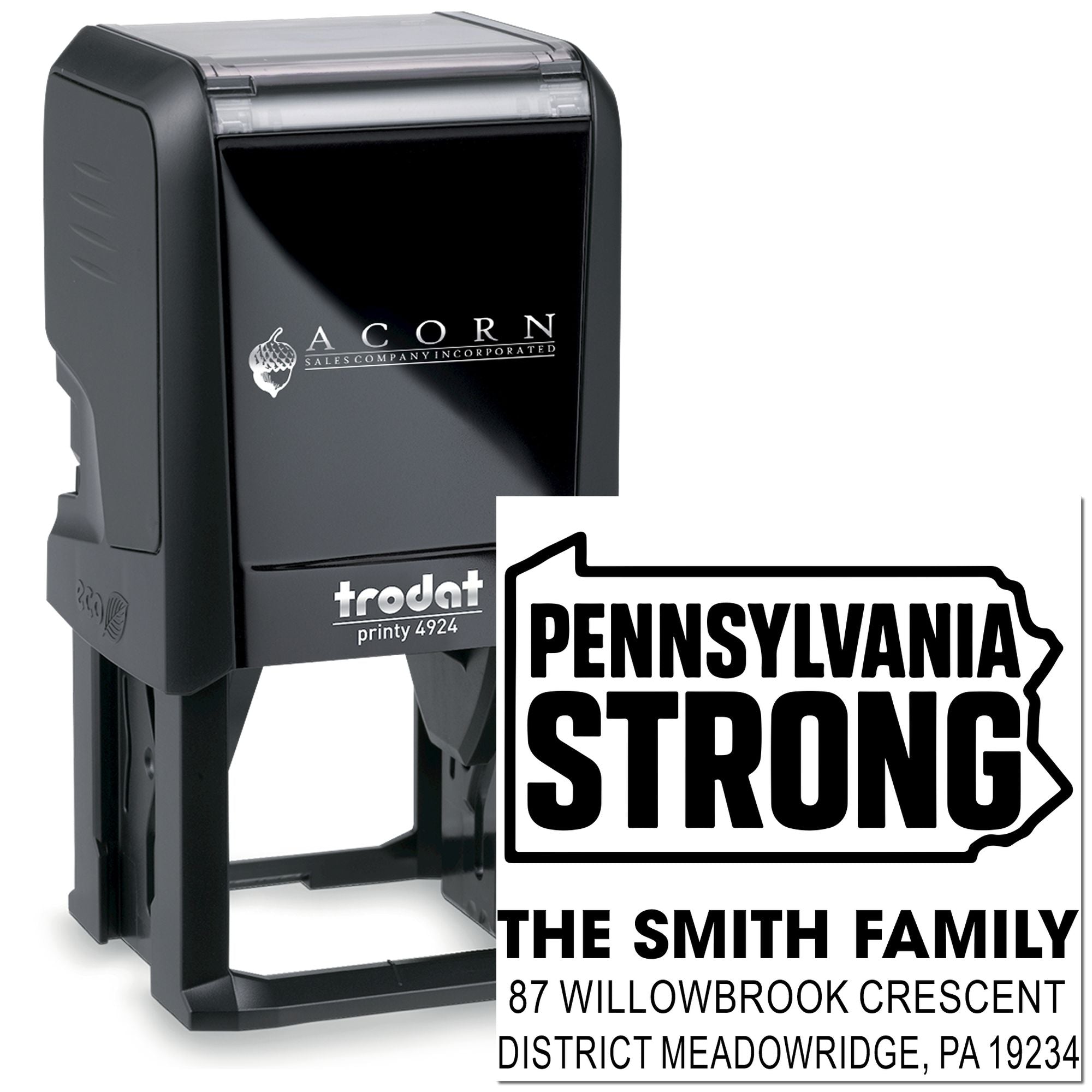Custom Trodat self-inking rubber stamp with Pennsylvania Strong design, family name, and address for personalized mailing.