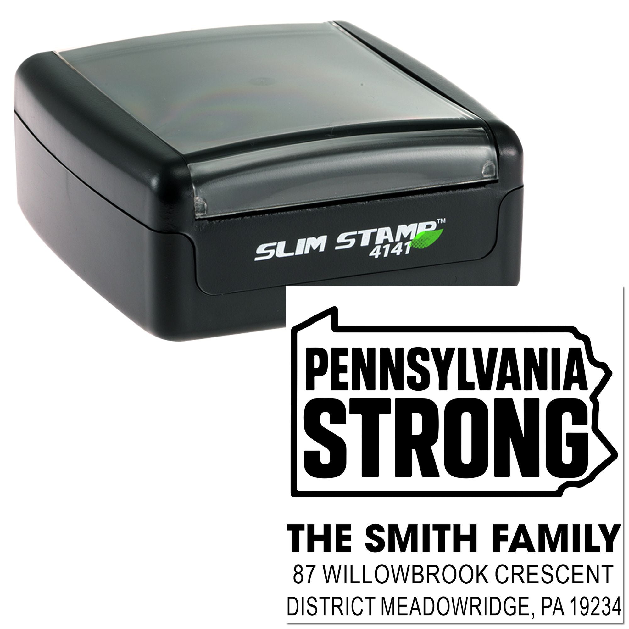 Custom Pennsylvania Strong self-inking address rubber stamp with family name and mailing address for envelopes and packaging.