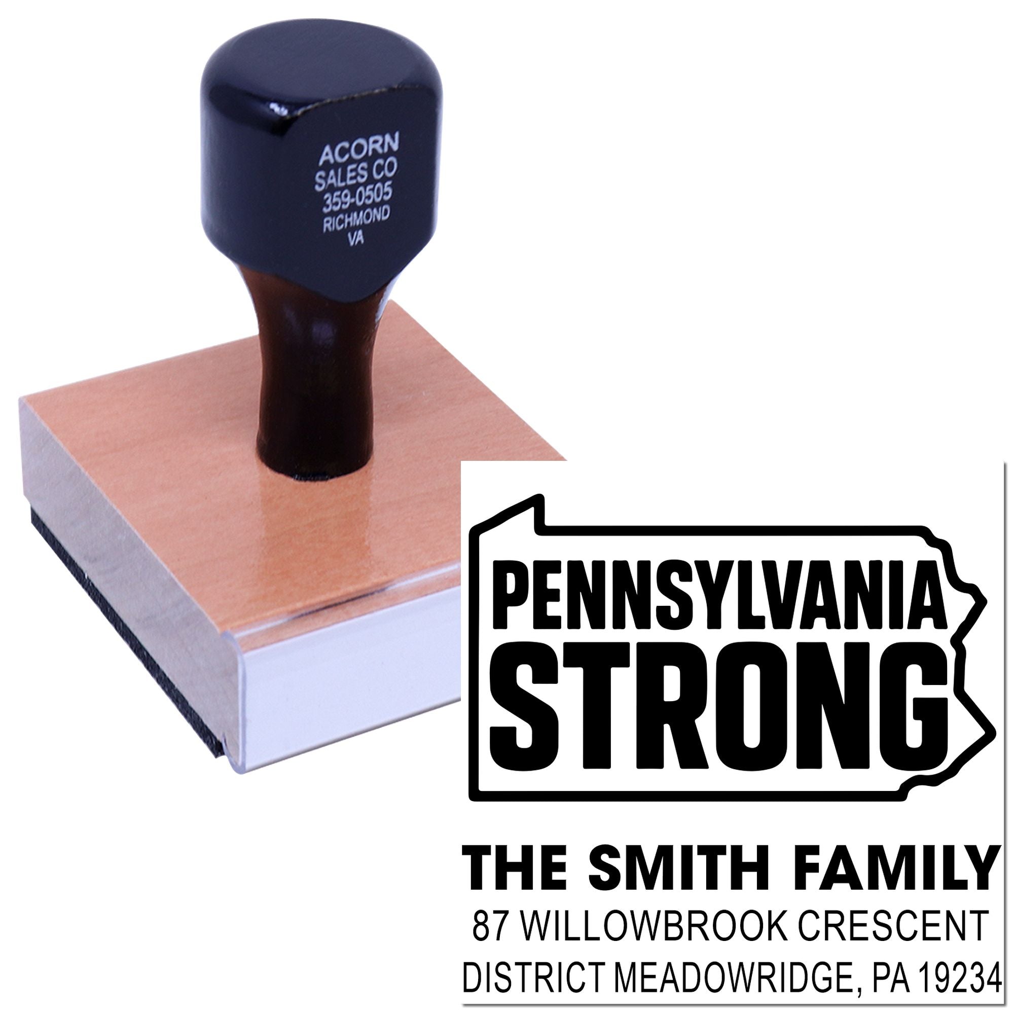 Custom Pennsylvania Strong rubber stamp with The Smith Family address design for personalized mailing and packaging.