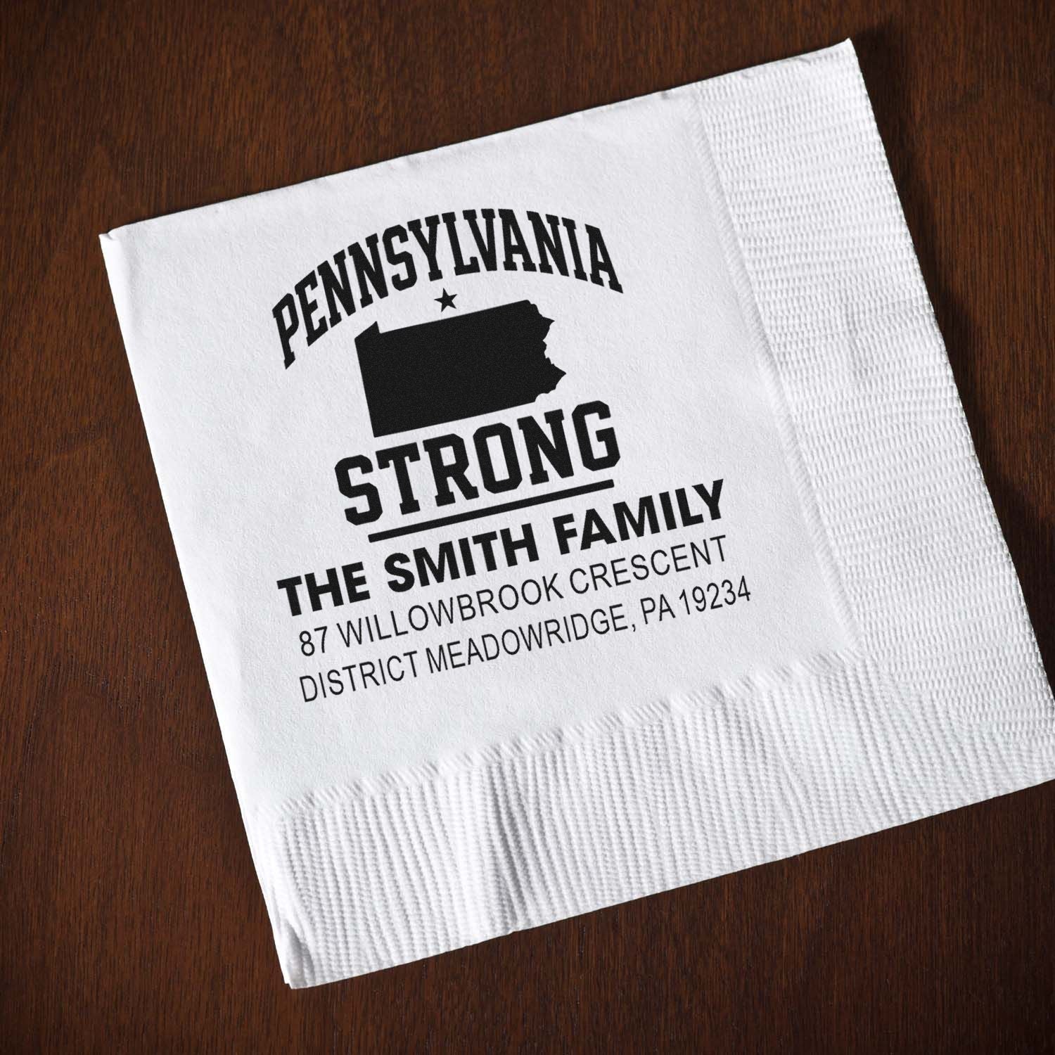 Custom rubber stamp design for personalized Pennsylvania Strong napkins with family name and address.