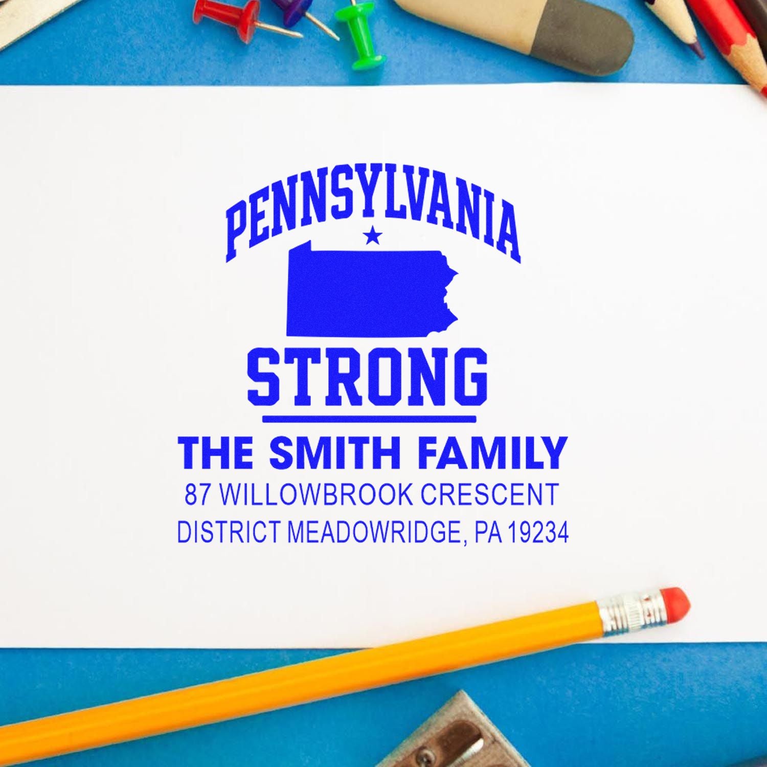 Personalized Pennsylvania Strong rubber stamp imprint for The Smith Family with custom address and state outline