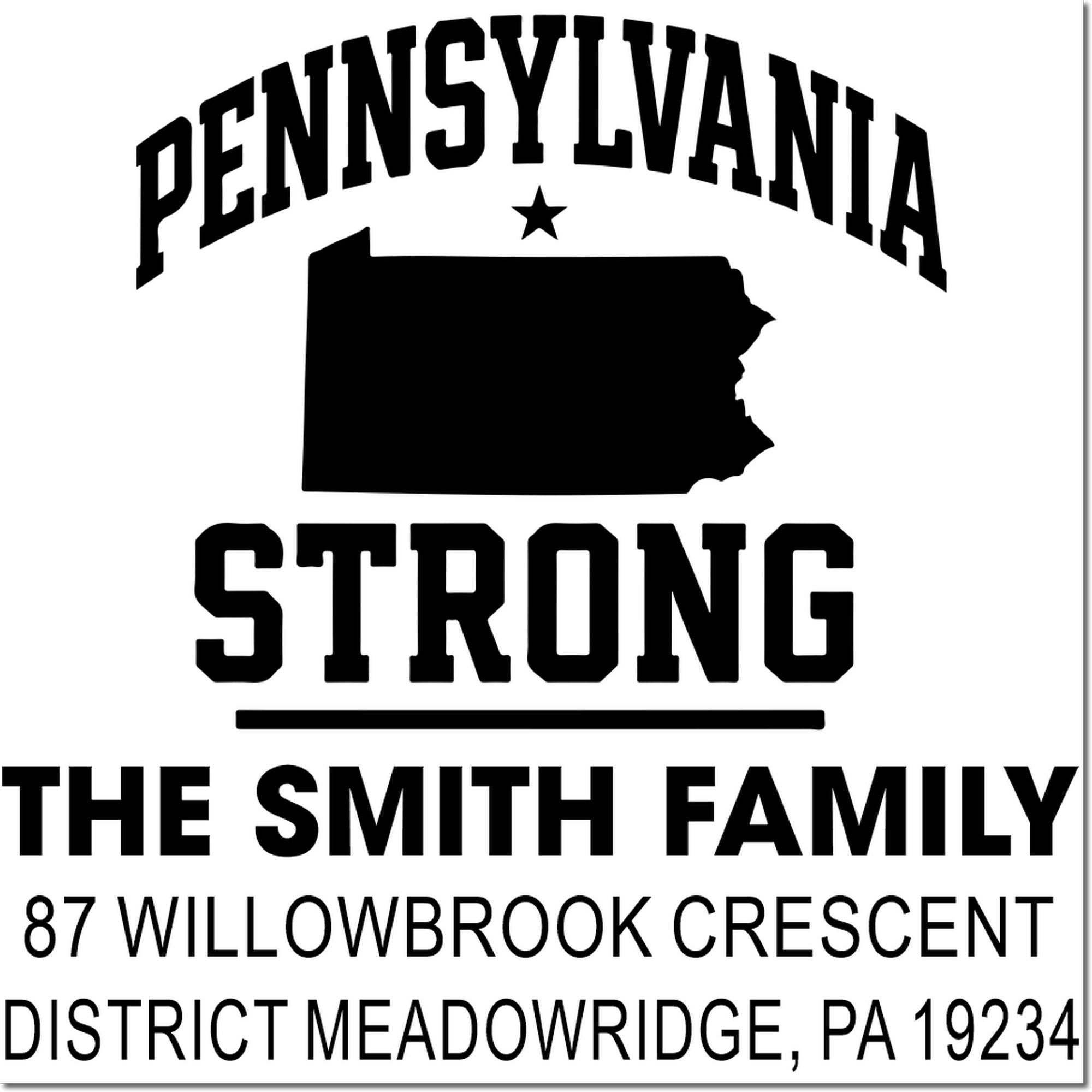 Custom Pennsylvania return address rubber stamp with state silhouette, Smith family name, and Meadowridge, PA address.