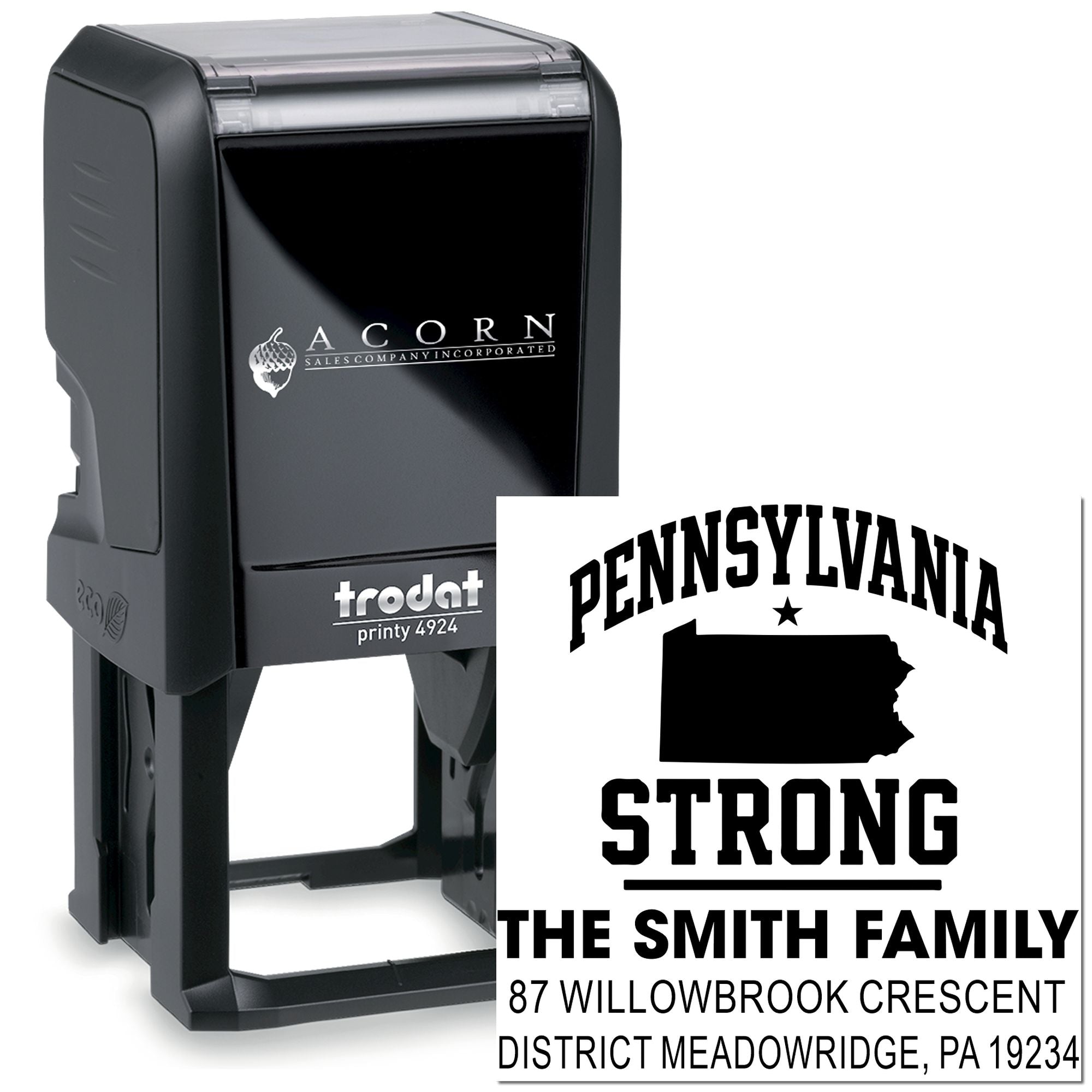 Custom self-inking rubber stamp with Pennsylvania return address design for family mail, featuring name, state silhouette and address.