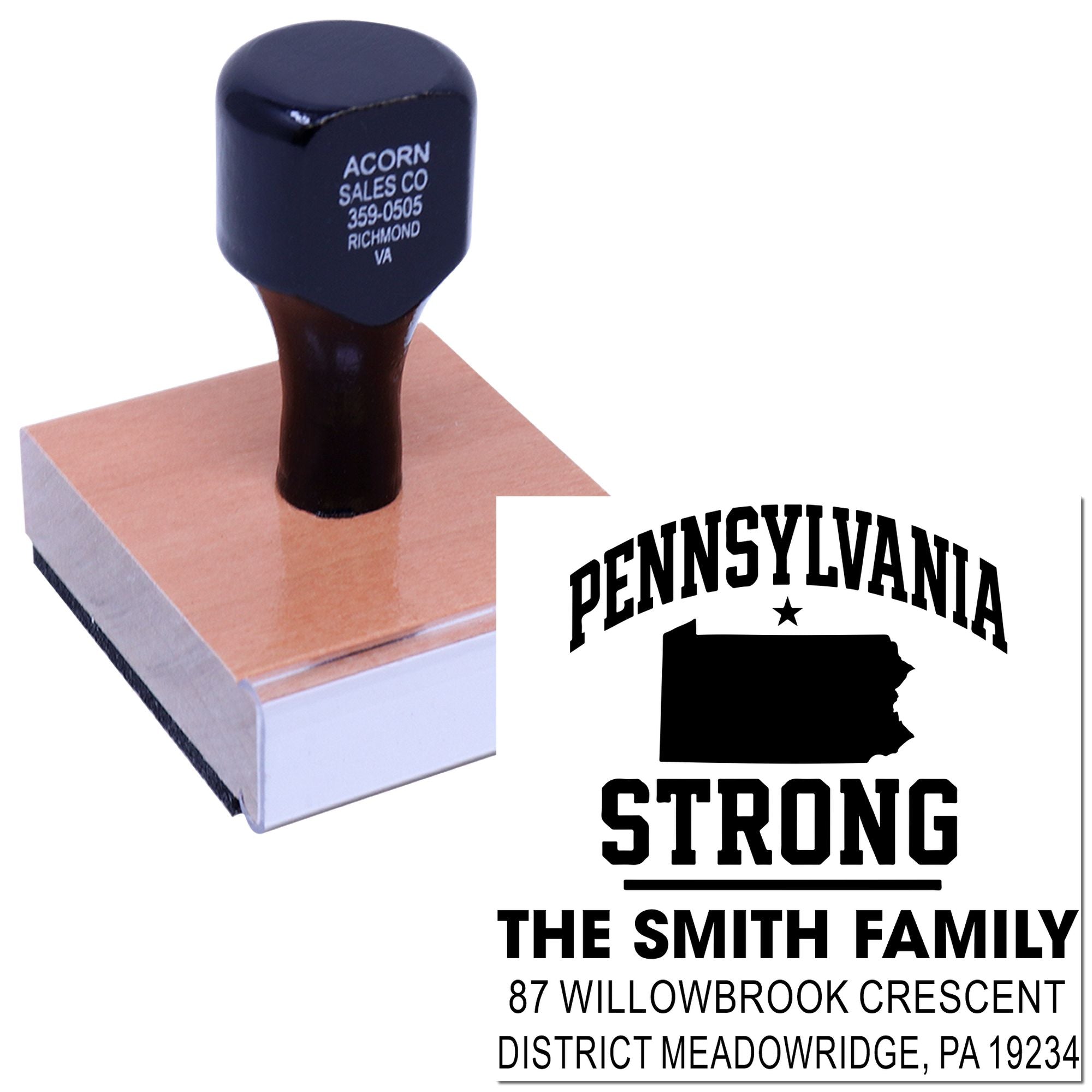 Custom rubber stamp with Pennsylvania Strong design for personalized family name and address mailing impressions.