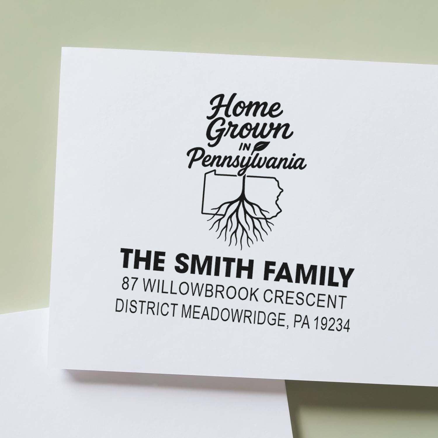 Personalized Home Grown in Pennsylvania return address rubber stamp with family name for custom mailing.