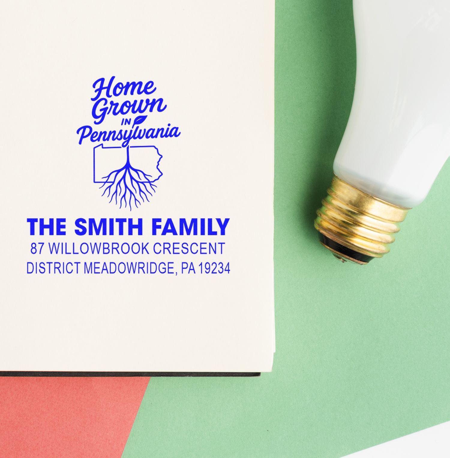 Custom rubber stamp imprint for a Home Grown in Pennsylvania personalized family address stamp with state logo and return address.