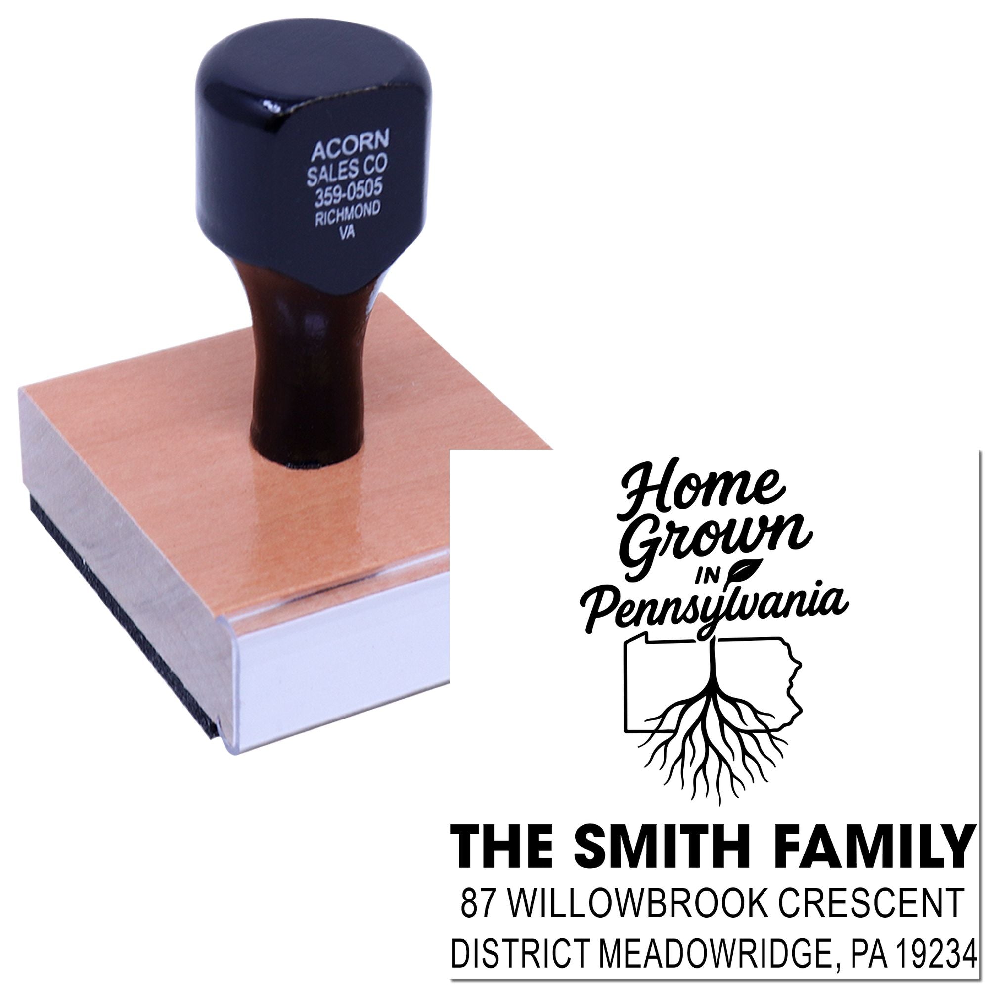 Custom rubber address stamp for personalized branding, featuring a Home Grown in Pennsylvania family name design.