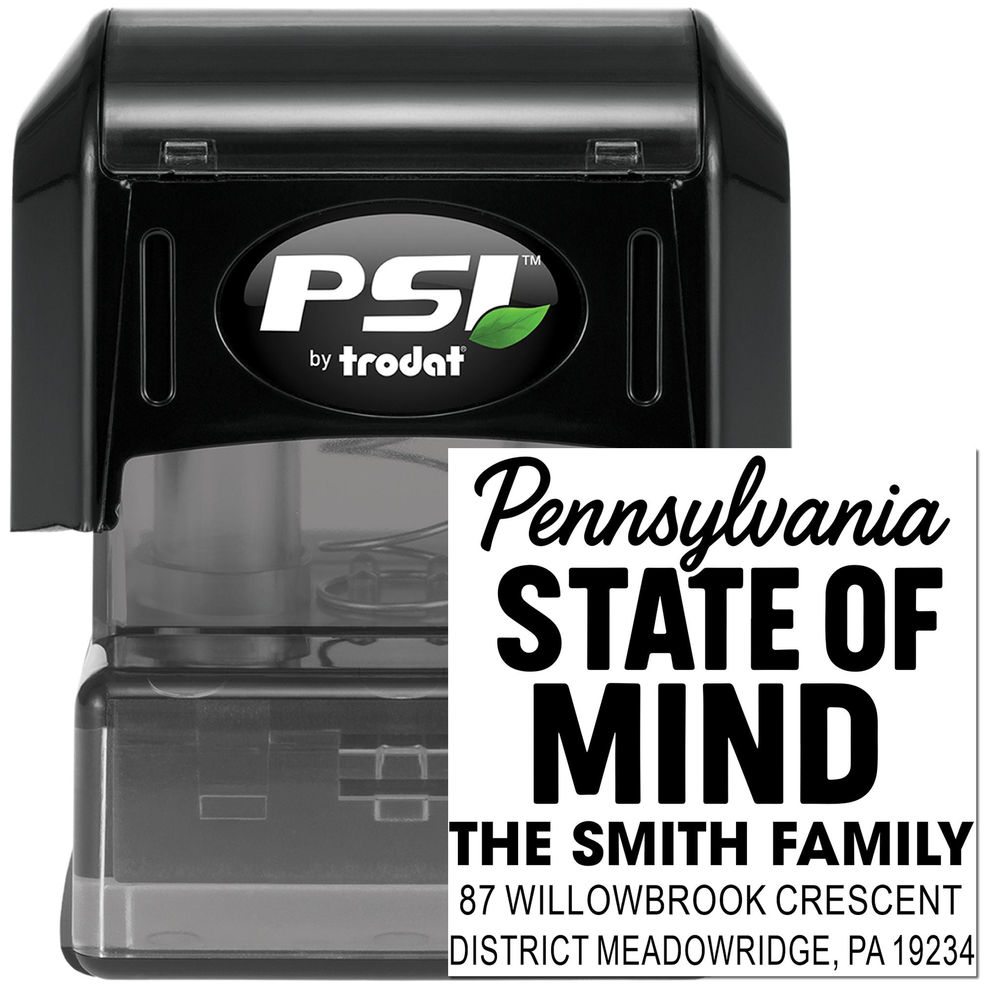 Pennsylvania State of Mind custom address rubber stamp by PSI by Trodat for personalized return addressing and family mail