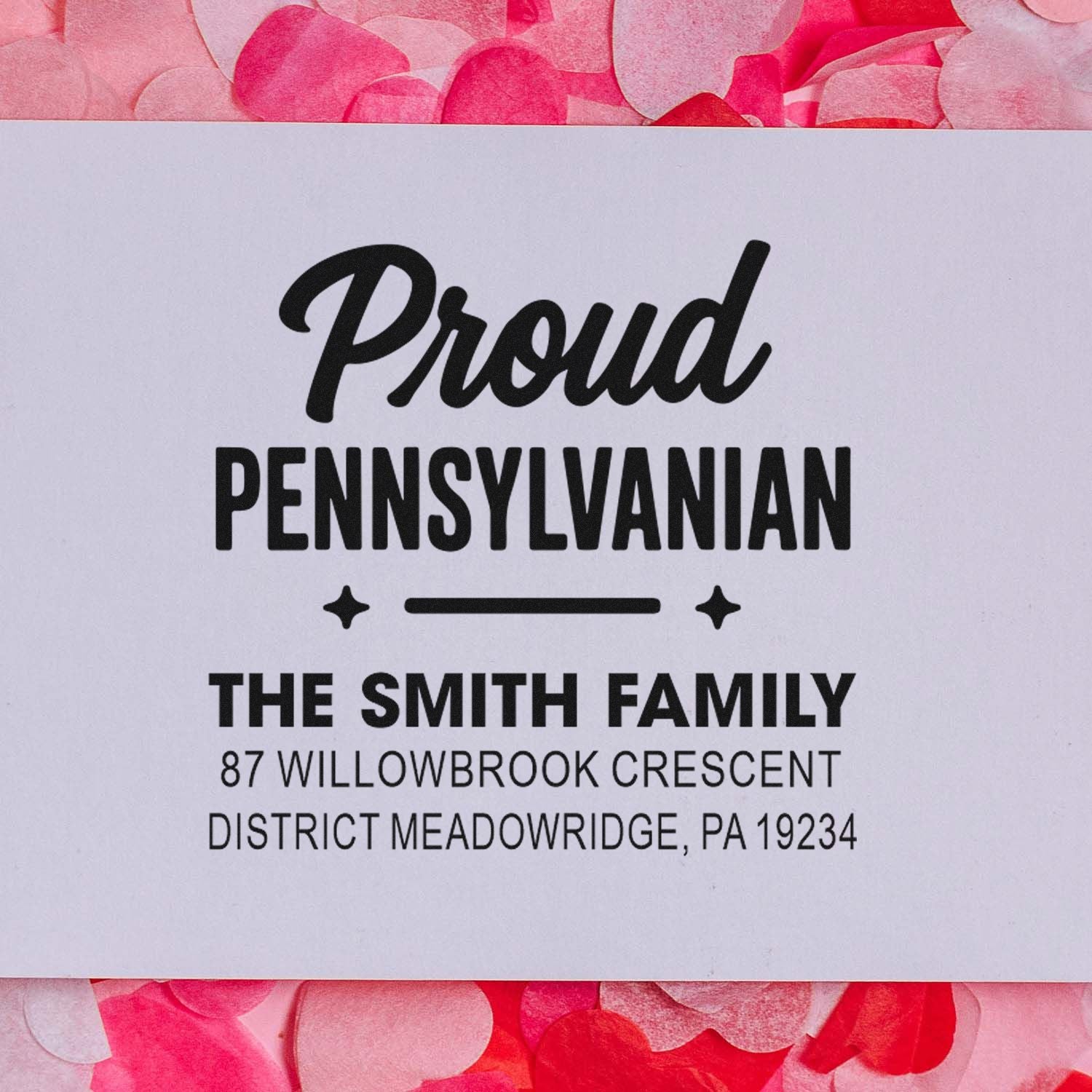 Custom Pennsylvania family address rubber stamp for The Smith Family, ideal for envelopes and personalized mailing.
