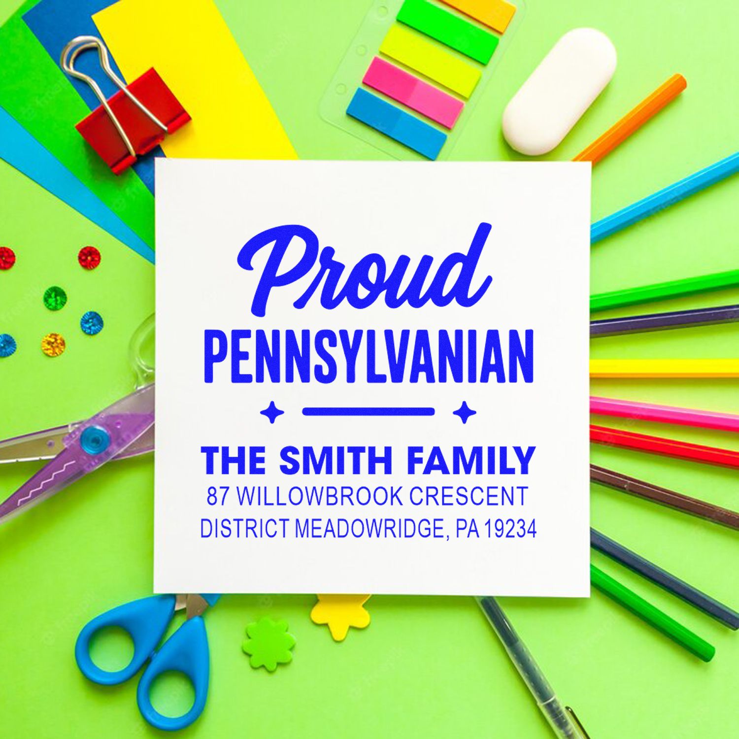 Custom Proud Pennsylvanian return address rubber stamp for The Smith Family, Meadowridge, PA 19234