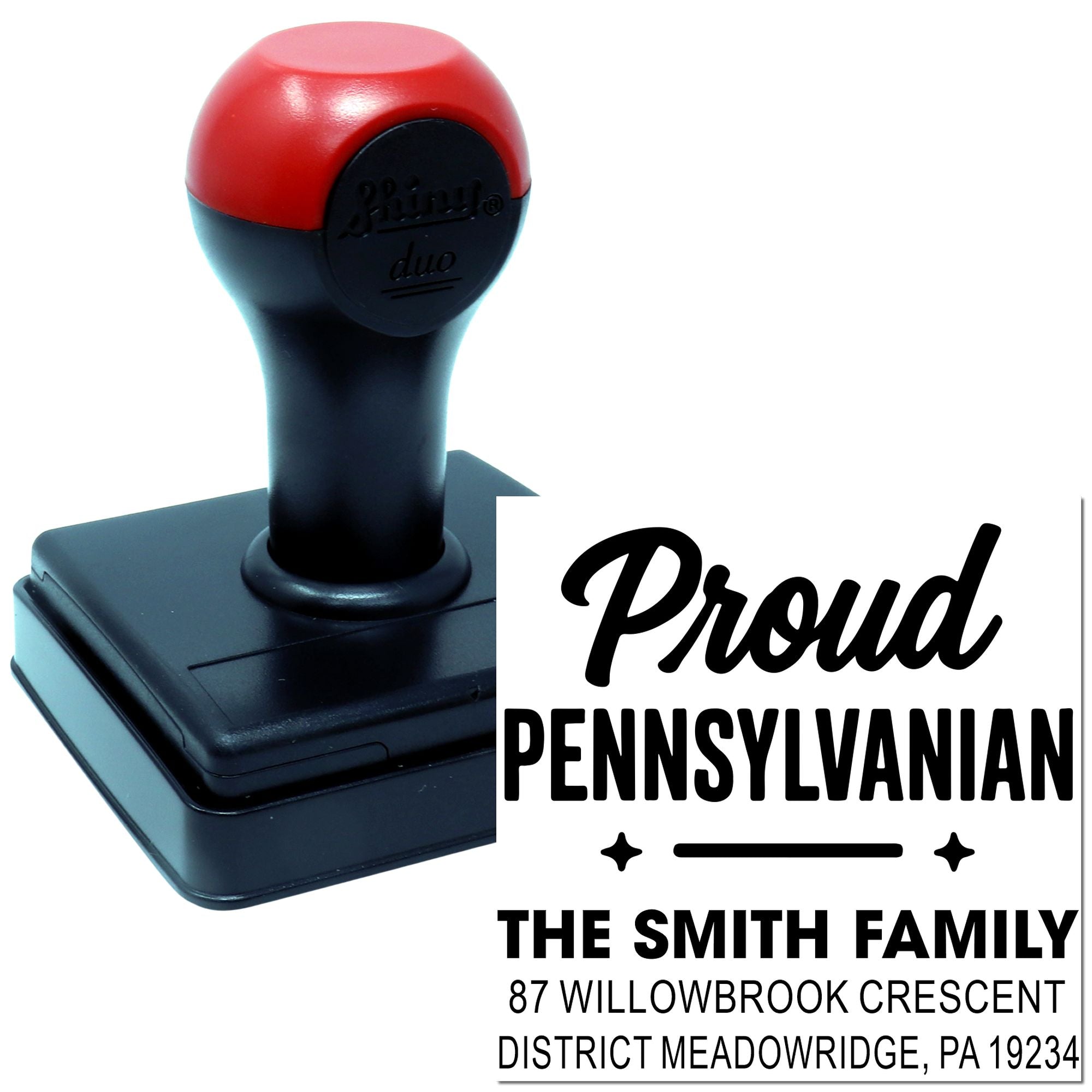 Custom self-inking rubber stamp with Proud Pennsylvanian family address design for personalized mail and craft use.