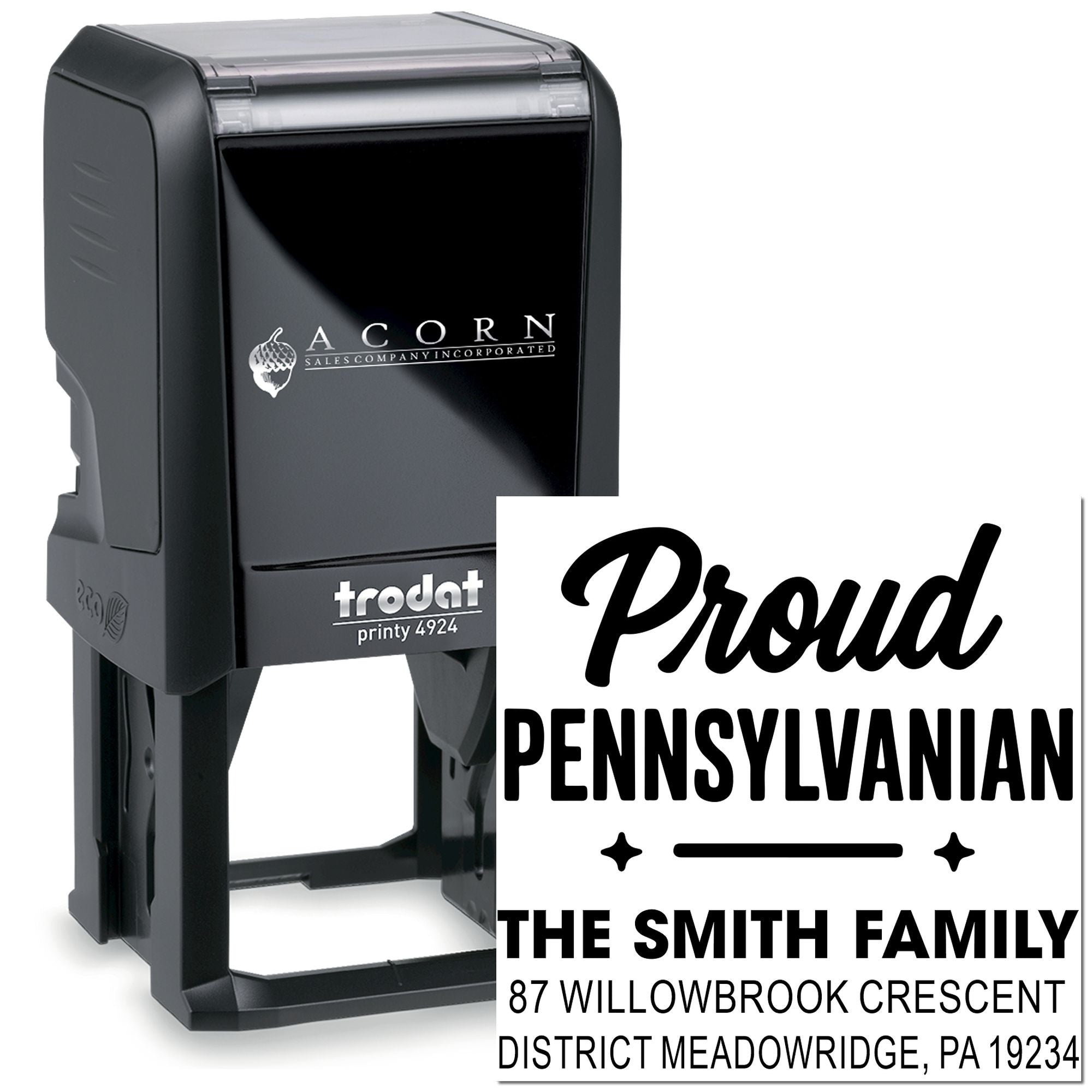 Custom self-inking rubber stamp, Trodat Printy 4924, with Proud Pennsylvanian family address design.