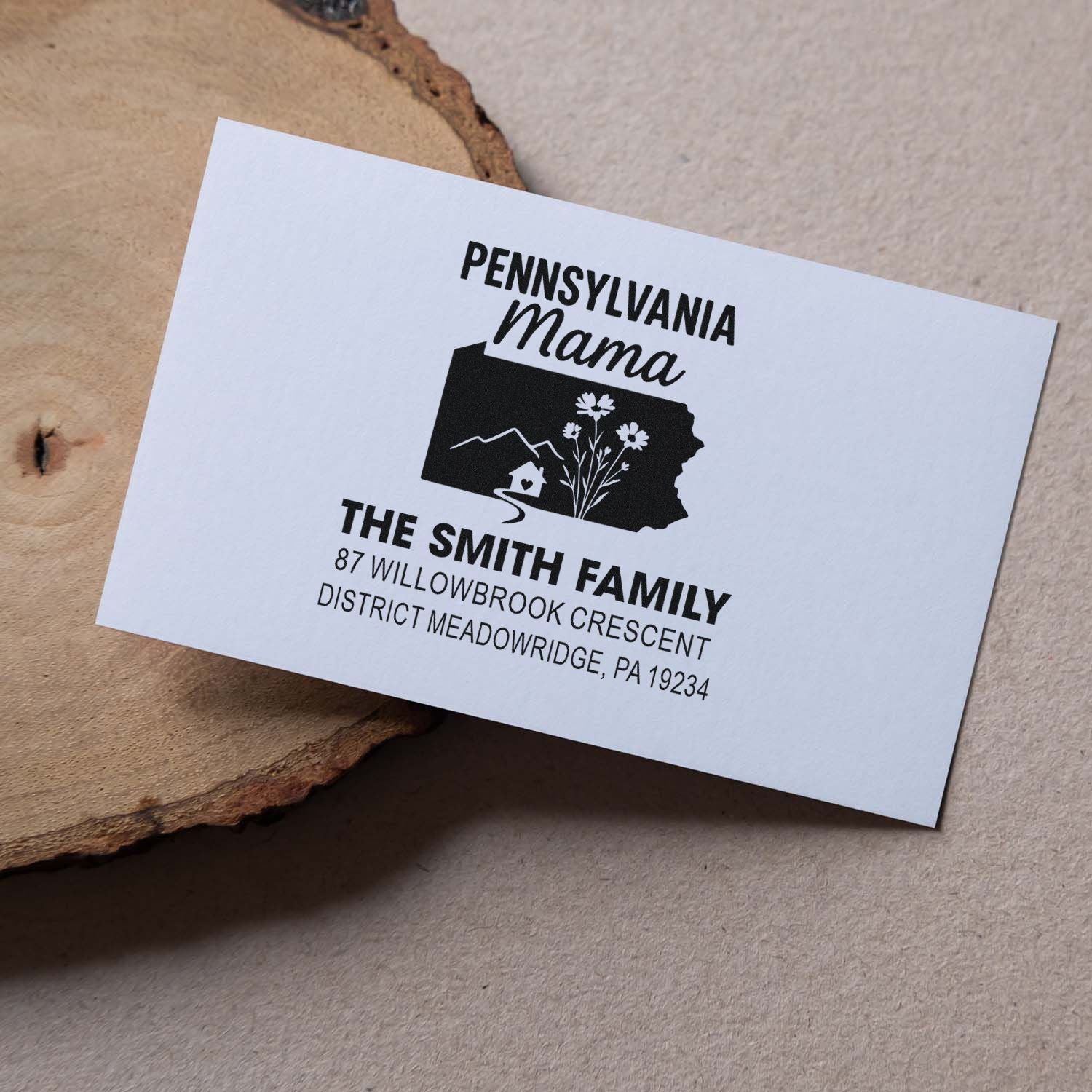 Custom Pennsylvania Mama address stamp with family name, Pennsylvania silhouette, and floral return address design.