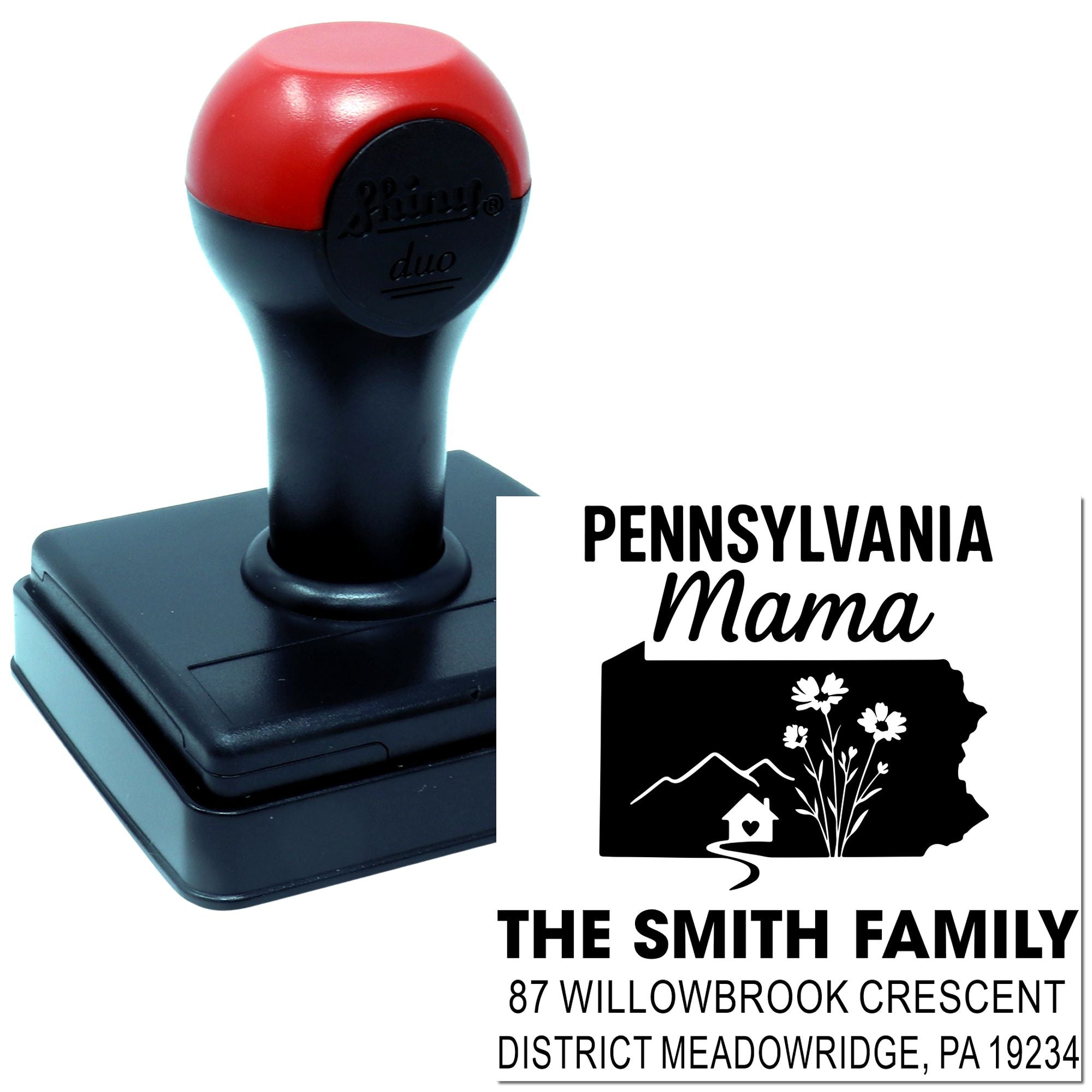 Custom self-inking rubber stamp for Pennsylvania Mama return address, family name, and Pennsylvania address label.