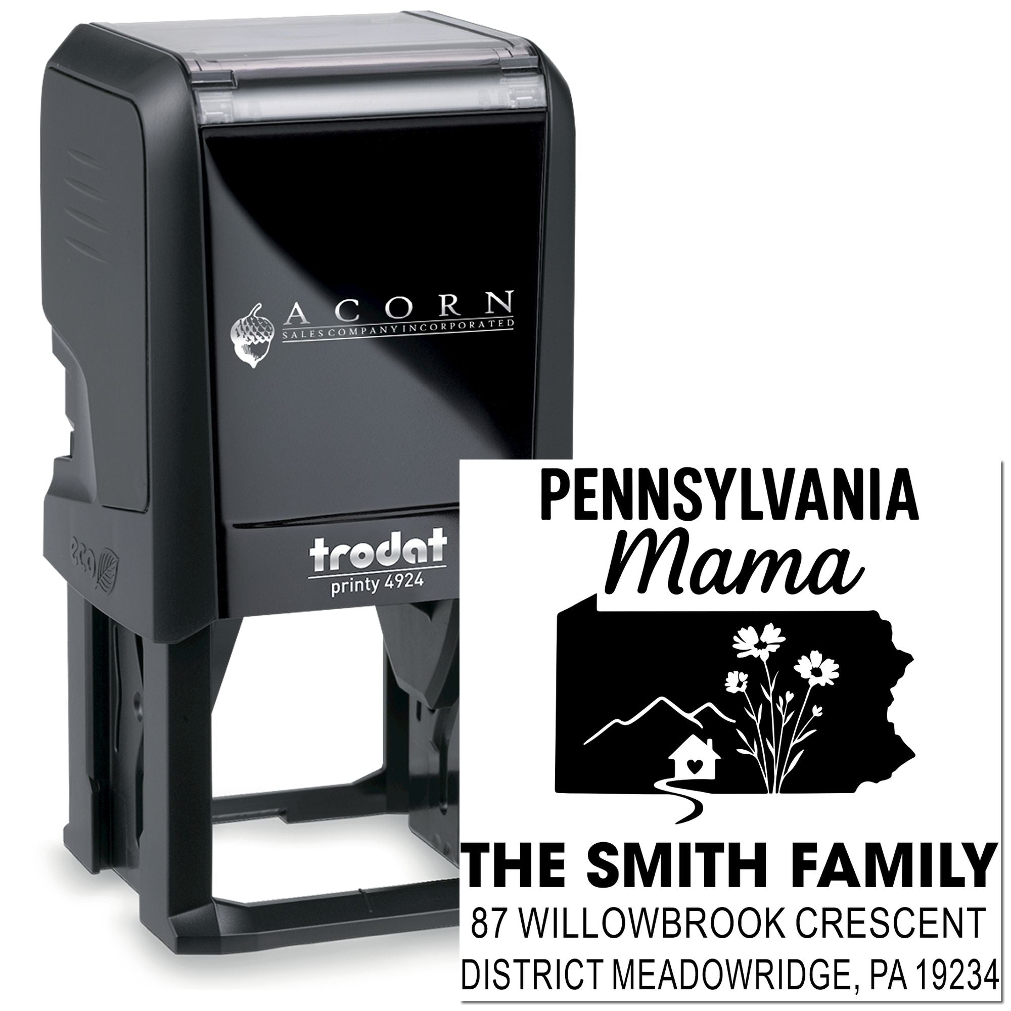 Custom self-inking rubber stamp with Pennsylvania Mama design for personalized family address stamping and crafts.