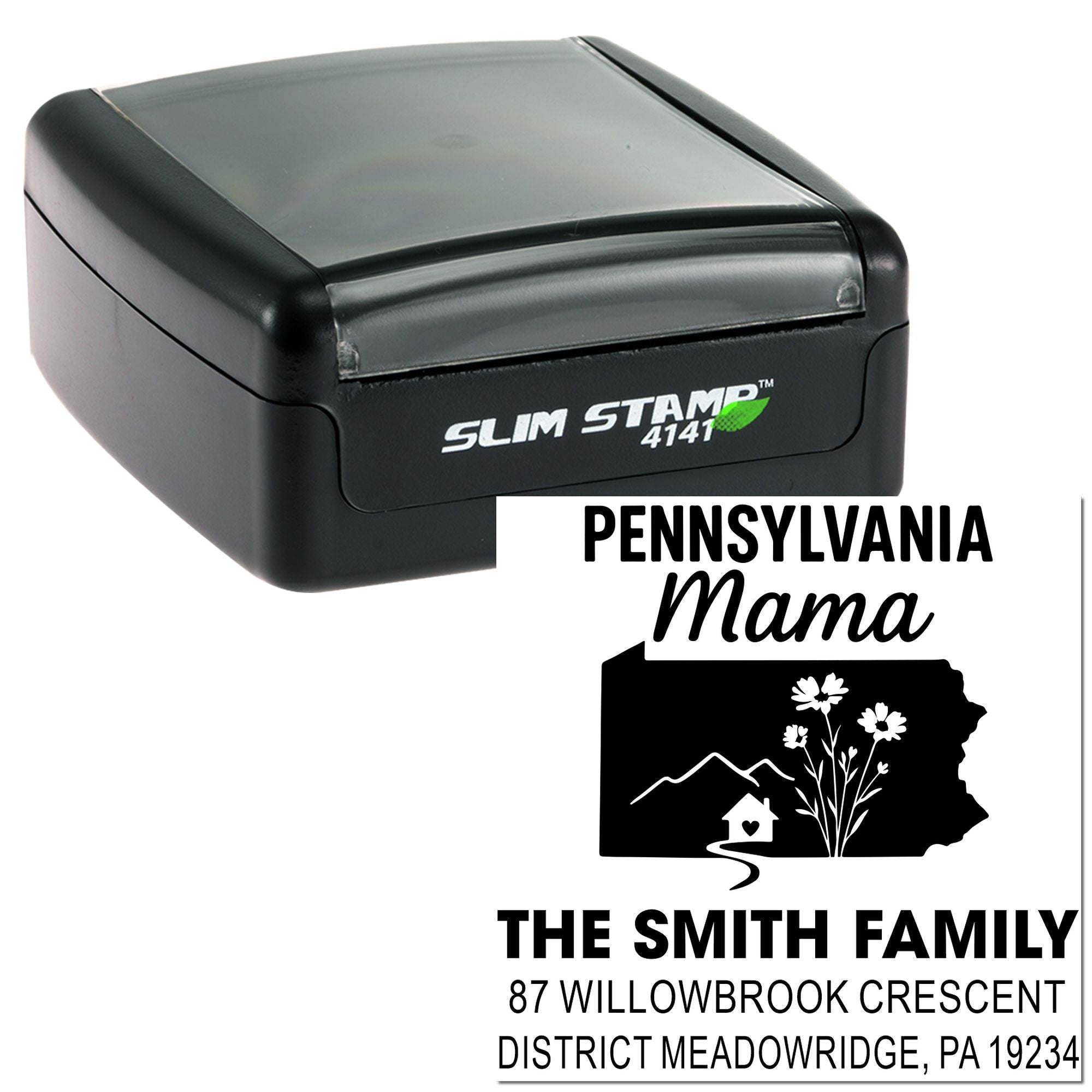 Custom Pennsylvania Mama family address rubber stamp with Slim Stamp 4141 self-inking stamp and return address design