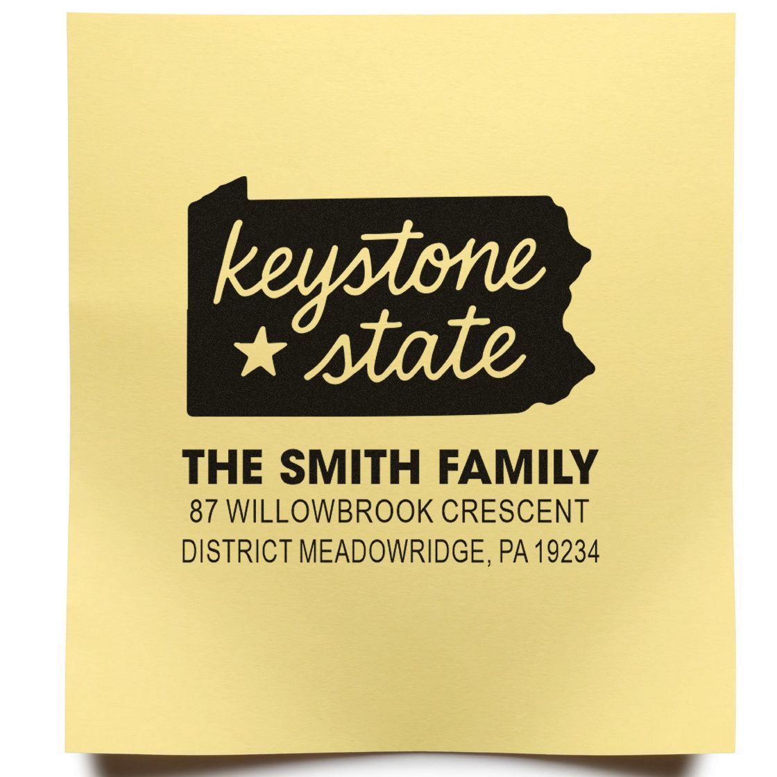 Custom Pennsylvania Keystone State address rubber stamp for The Smith Family, Meadowridge, PA 19234