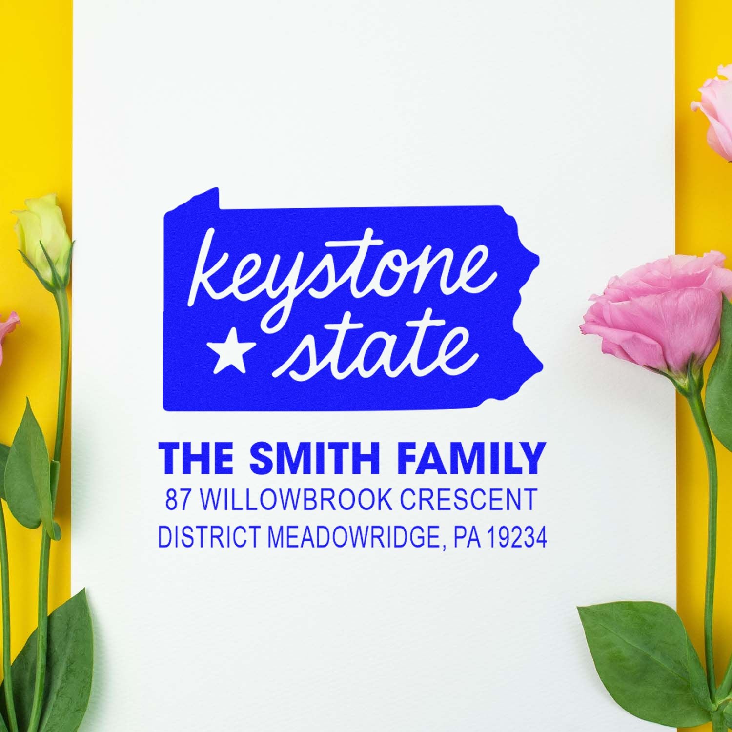 Custom Pennsylvania return address rubber stamp with Keystone State design for The Smith Familys home address.