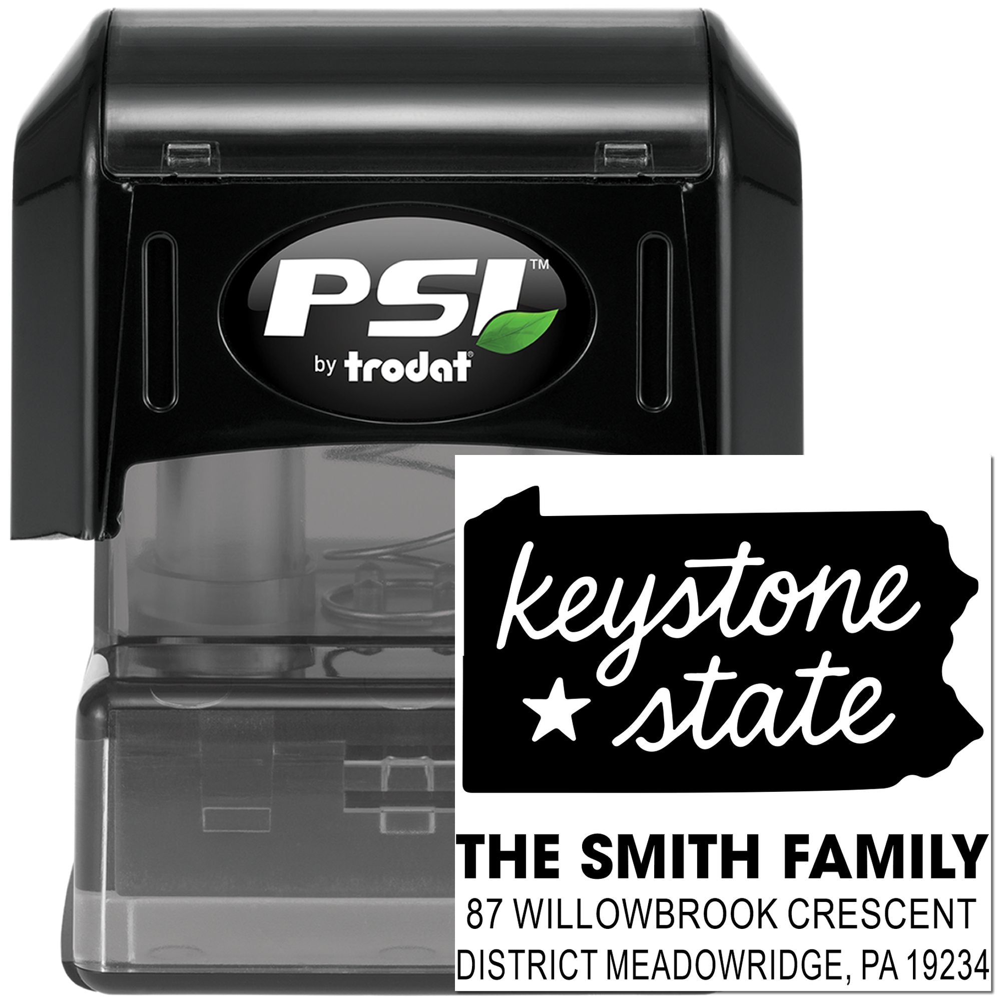 Custom return address rubber stamp with Keystone State design, featuring The Smith Family address by PSI by Trodat.