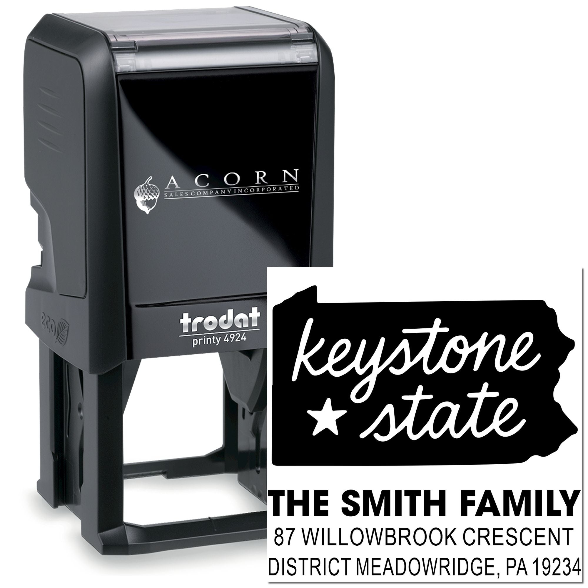 Custom self-inking rubber address stamp with Keystone State design for The Smith Family mailing address.