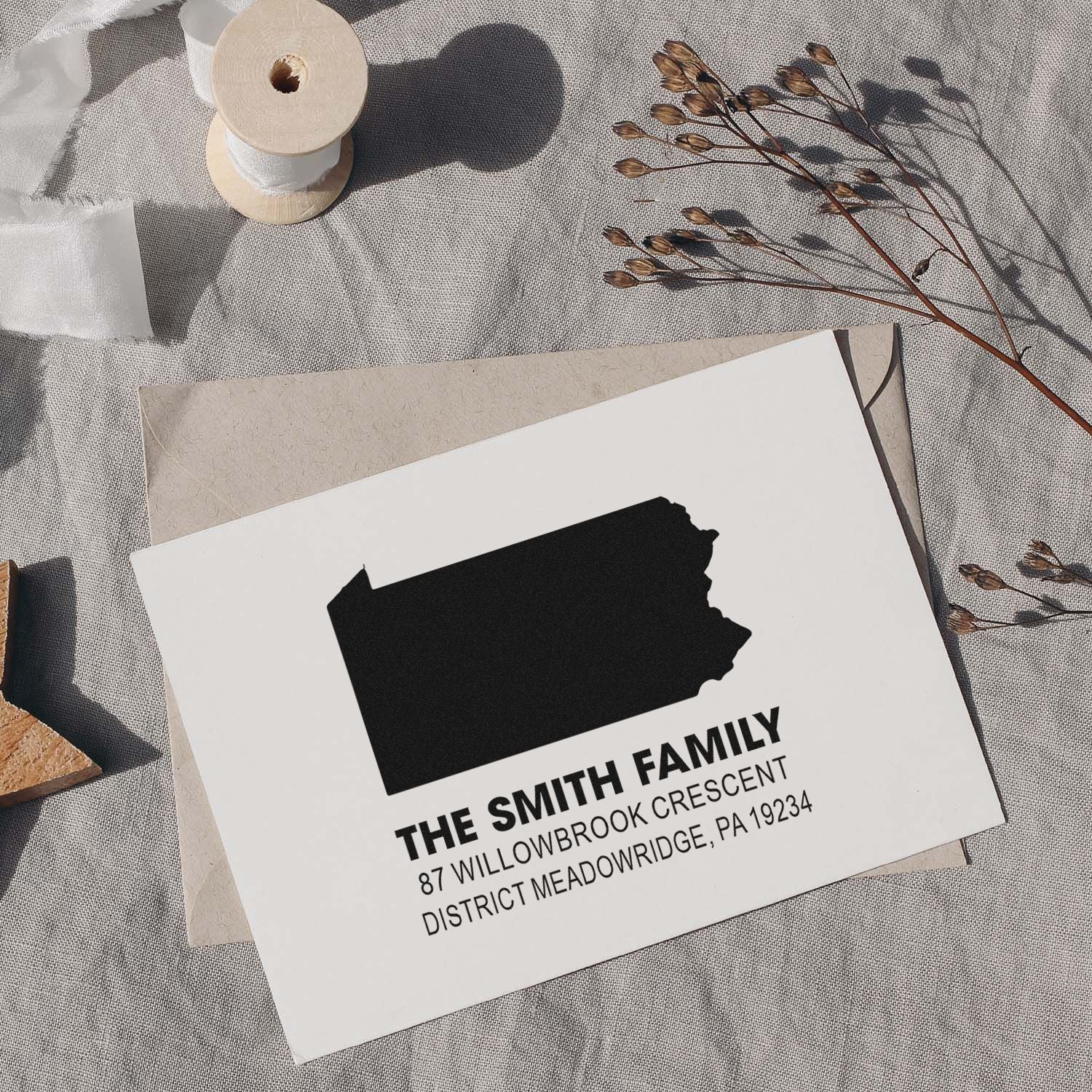 Custom Pennsylvania return address rubber stamp for The Smith Family, ideal for envelopes, wedding invites, and stationery.