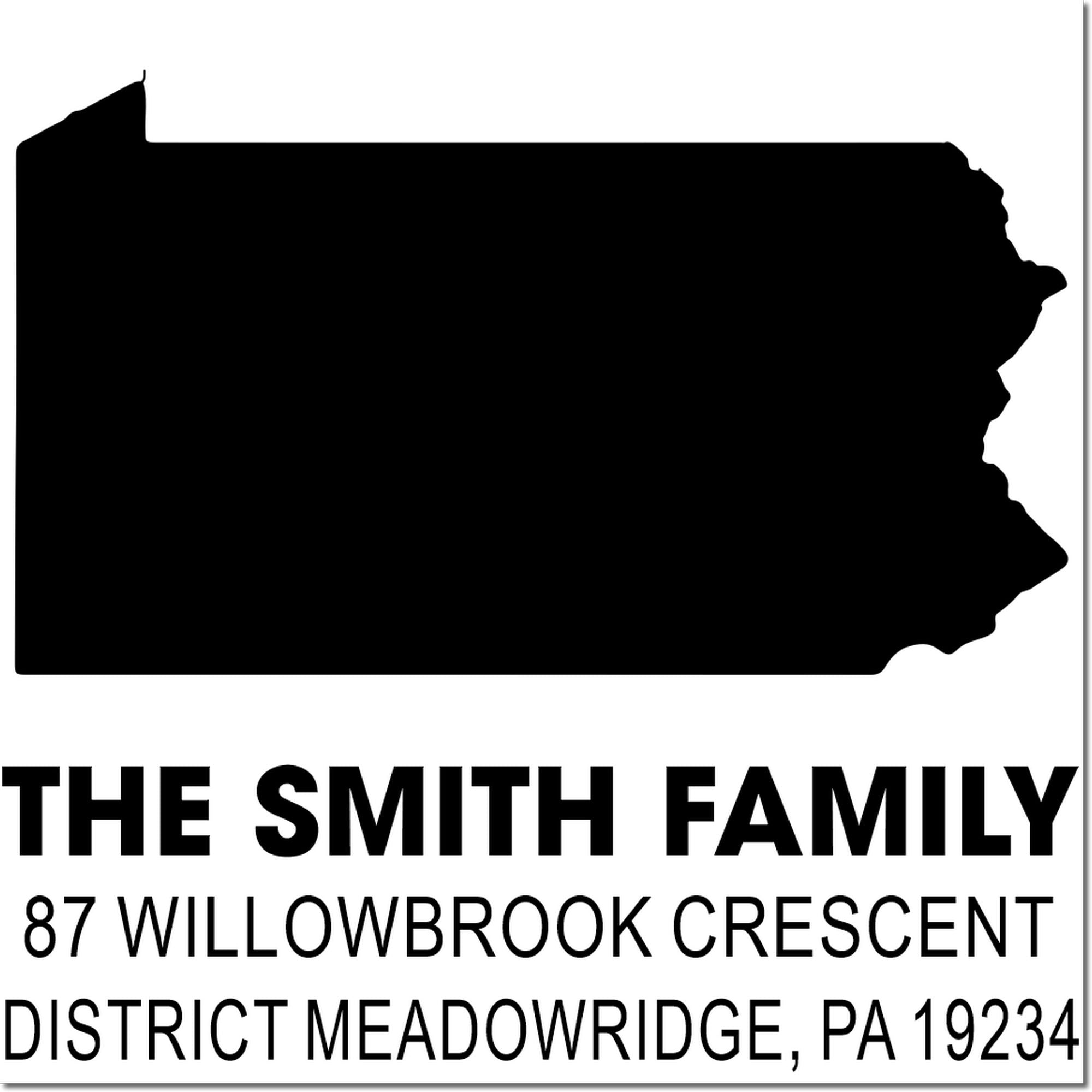 Custom Pennsylvania address rubber stamp with state outline for The Smith Family, 87 Willowbrook Crescent, Meadowridge, PA 19234