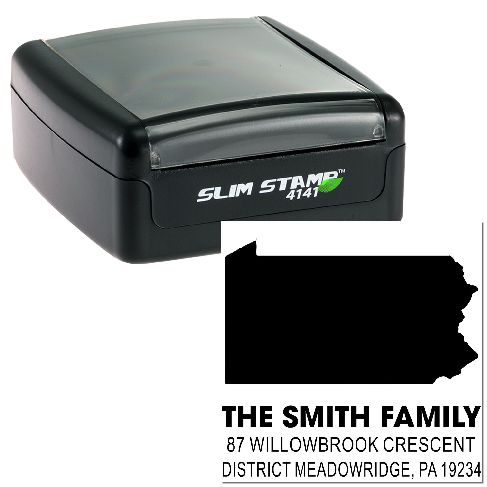 Slim Stamp 4141 self-inking rubber address stamp with custom family name and Pennsylvania return address imprint.